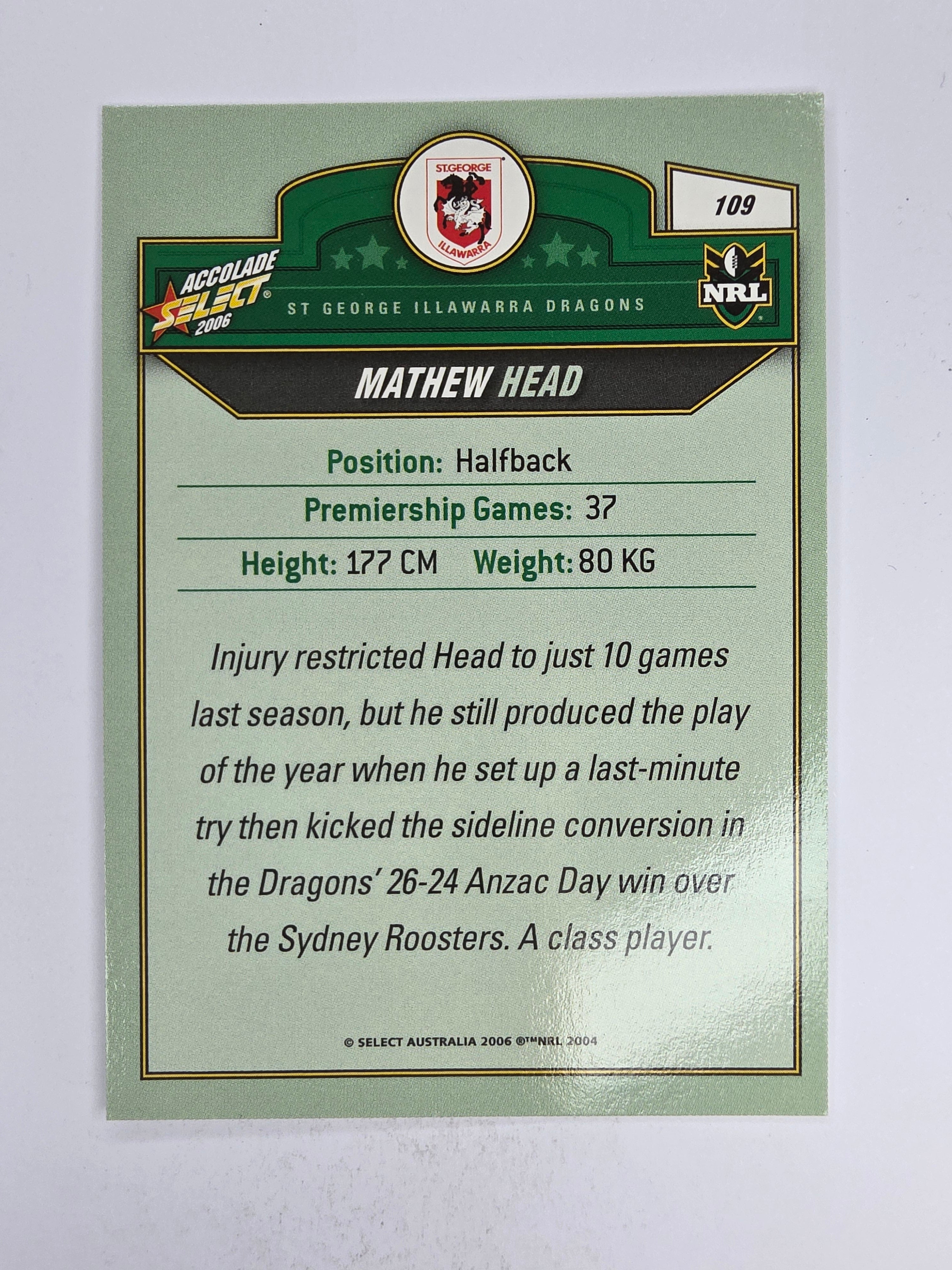 NRL 2006 Accolade Base Card #109 Mathew Head St George Illawarra Dragons
