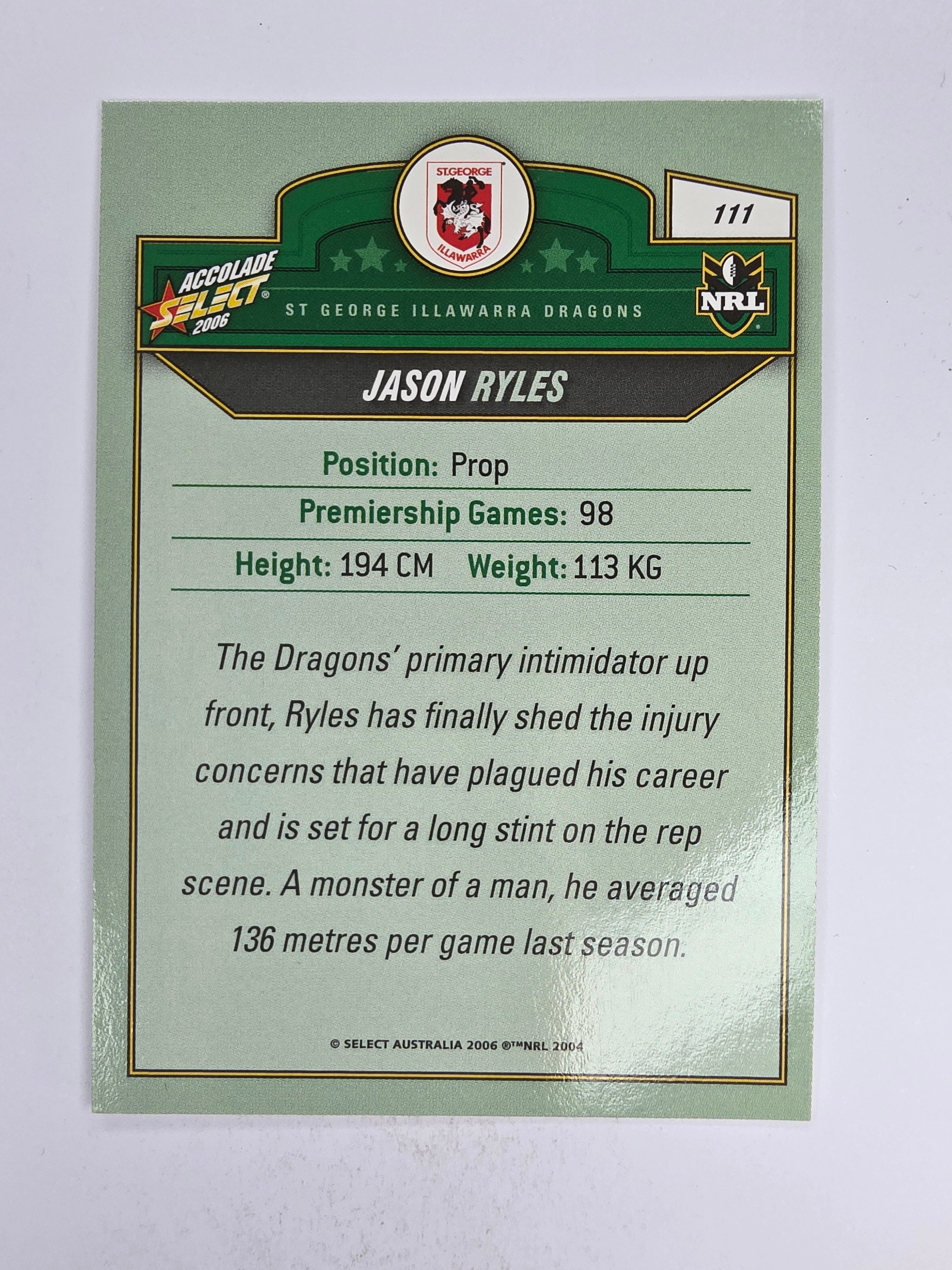 NRL 2006 Accolade Base Card #111 Jason Ryles St George Illawarra Dragons