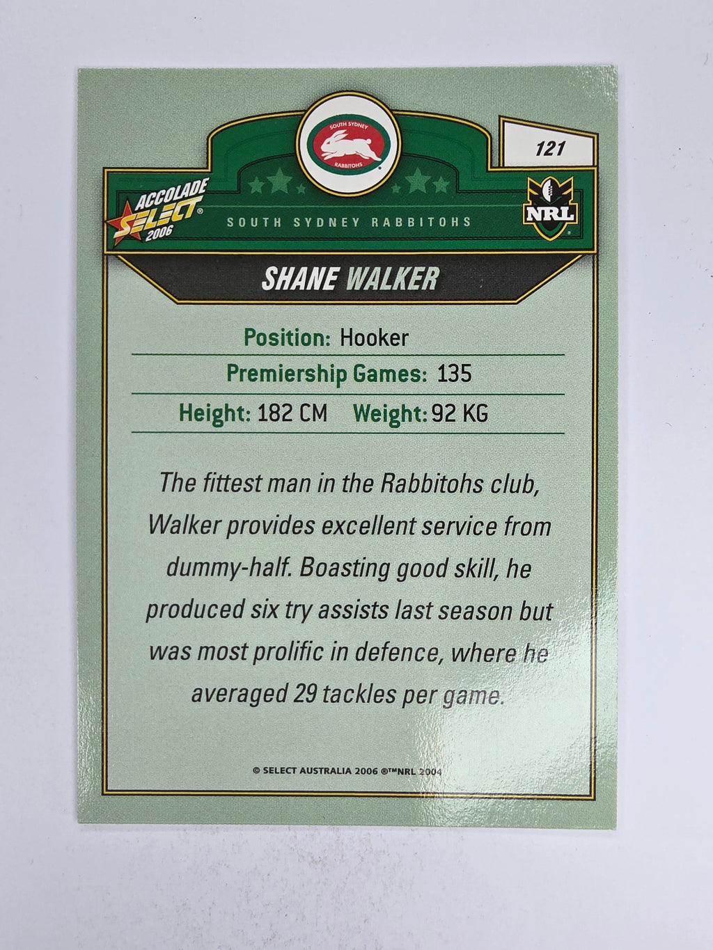 NRL 2006 Accolade Base Card #121 Shane Walker South Sydney Rabbitohs