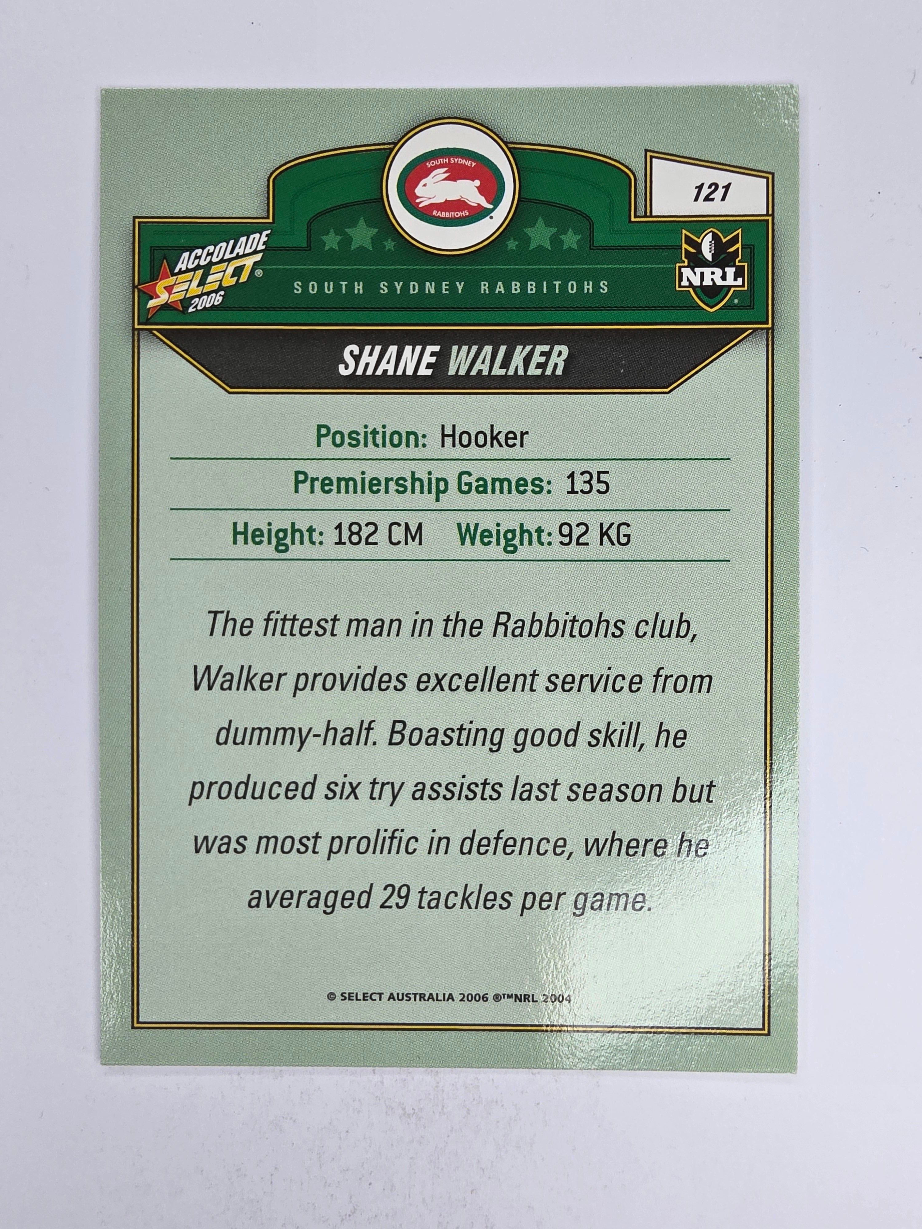 NRL 2006 Accolade Base Card #121 Shane Walker South Sydney Rabbitohs