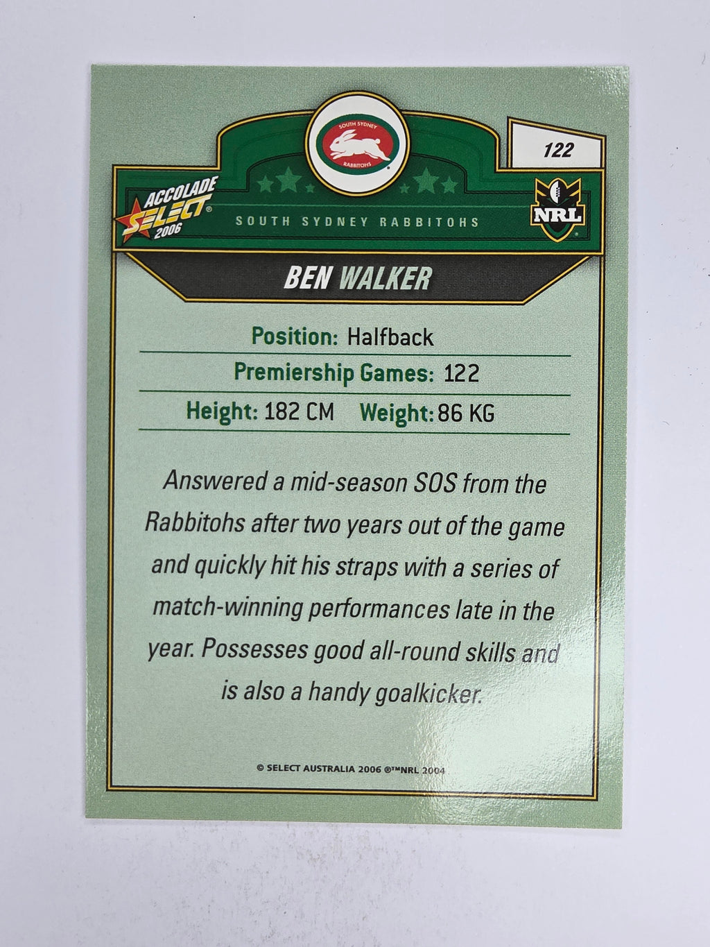 NRL 2006 Accolade Base Card #122 Ben Walker South Sydney Rabbitohs