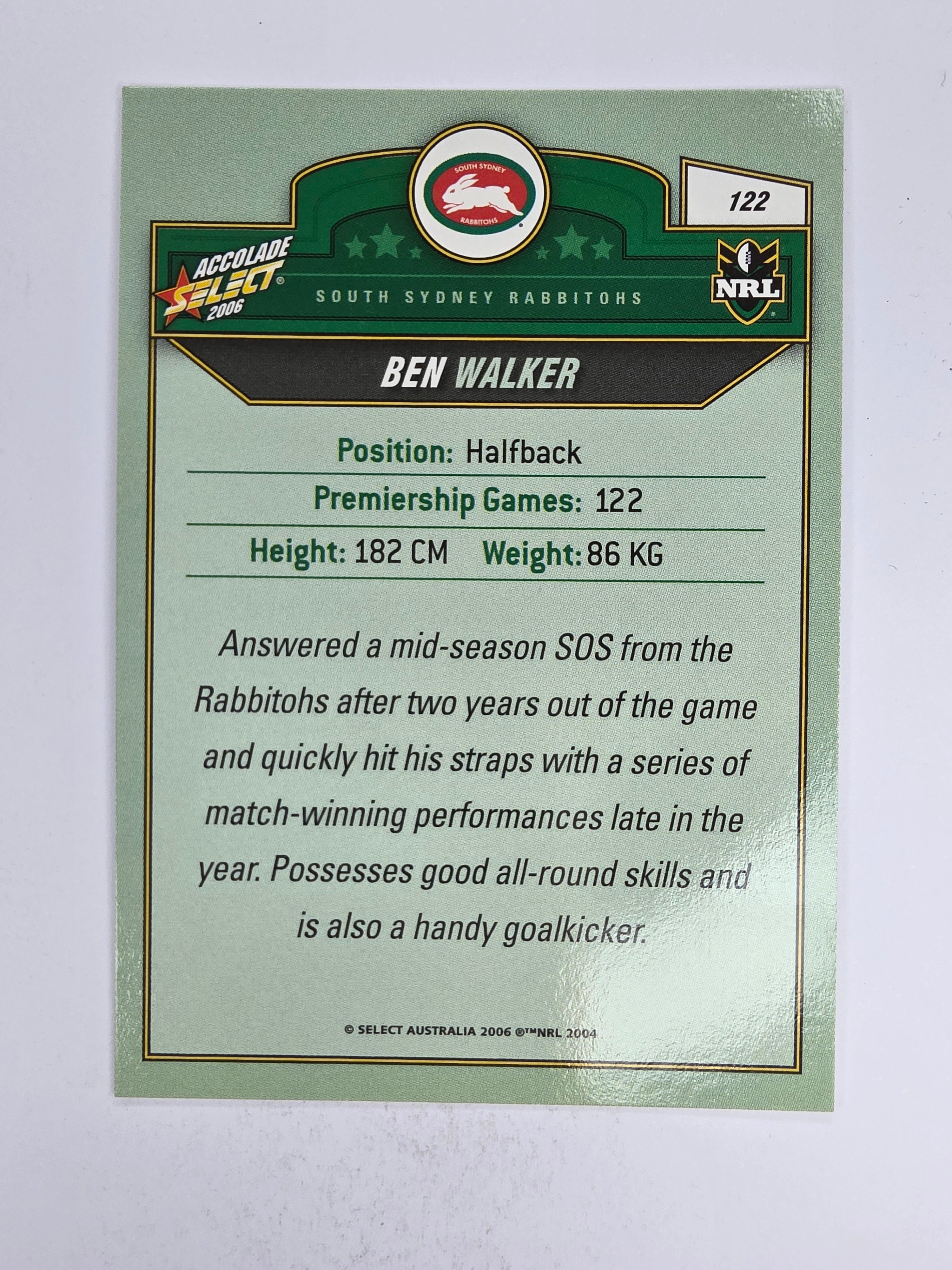 NRL 2006 Accolade Base Card #122 Ben Walker South Sydney Rabbitohs