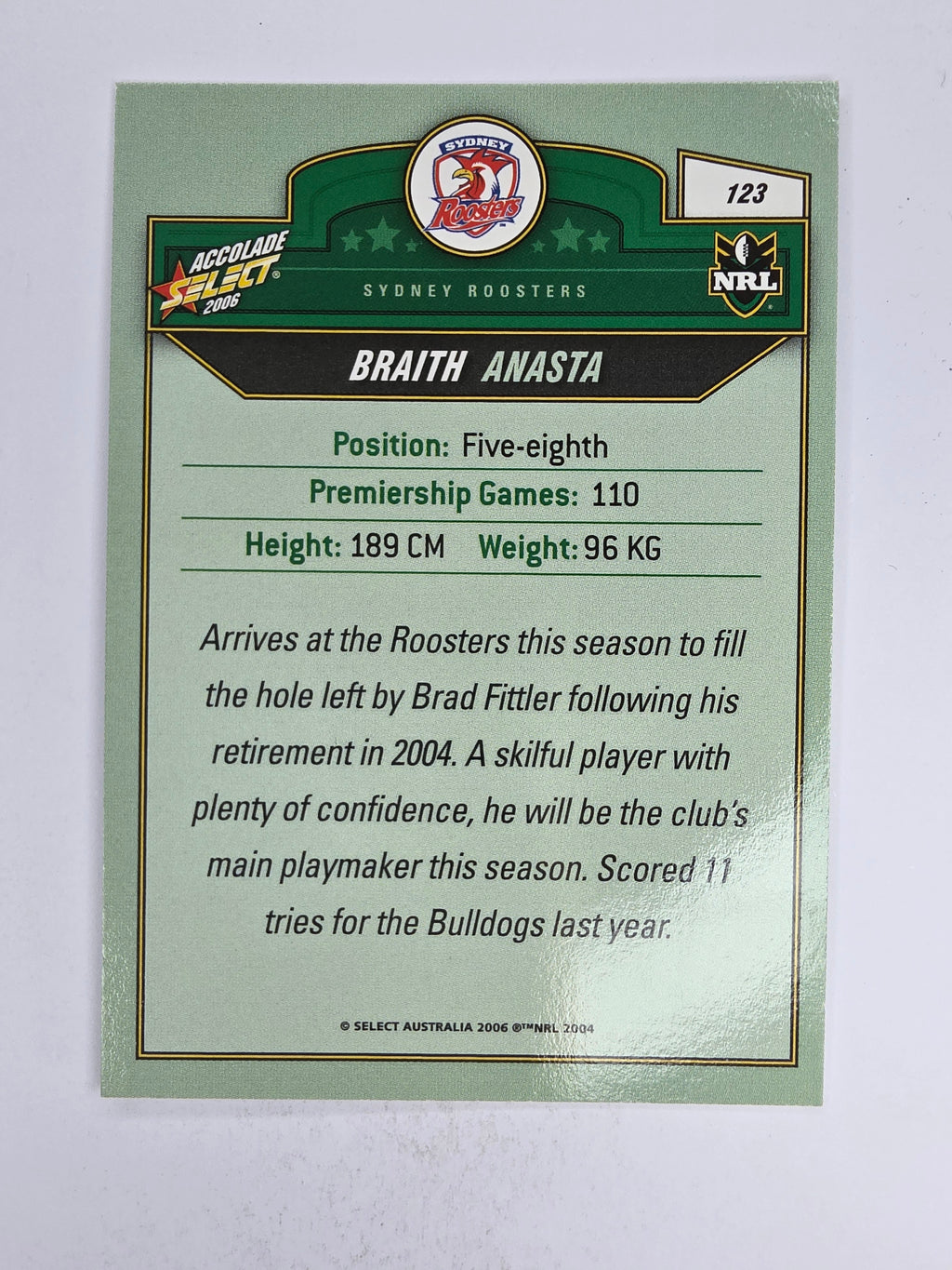 NRL 2006 Accolade Base Card #123 Braith Anasta Sydney Roosters