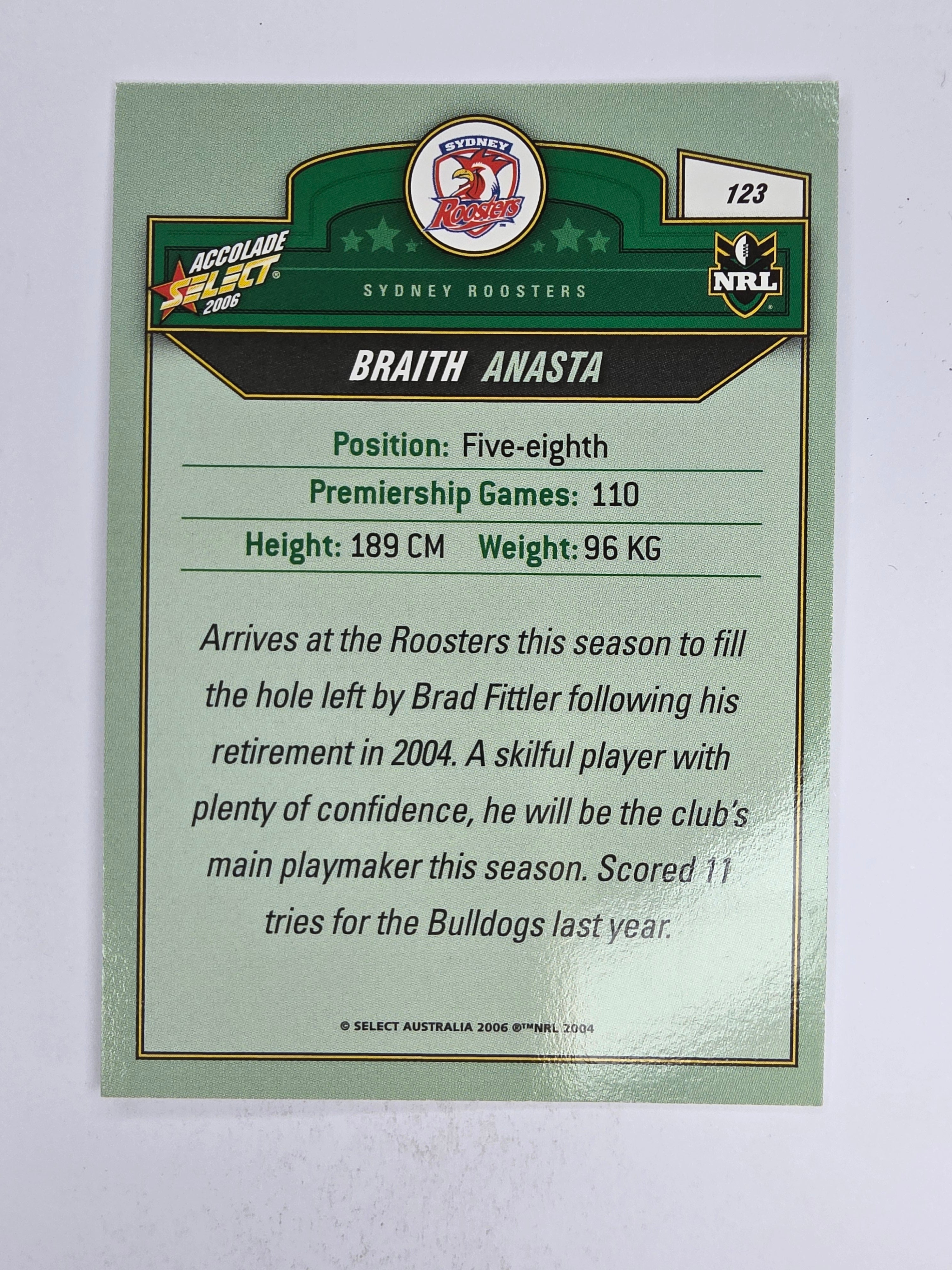 NRL 2006 Accolade Base Card #123 Braith Anasta Sydney Roosters