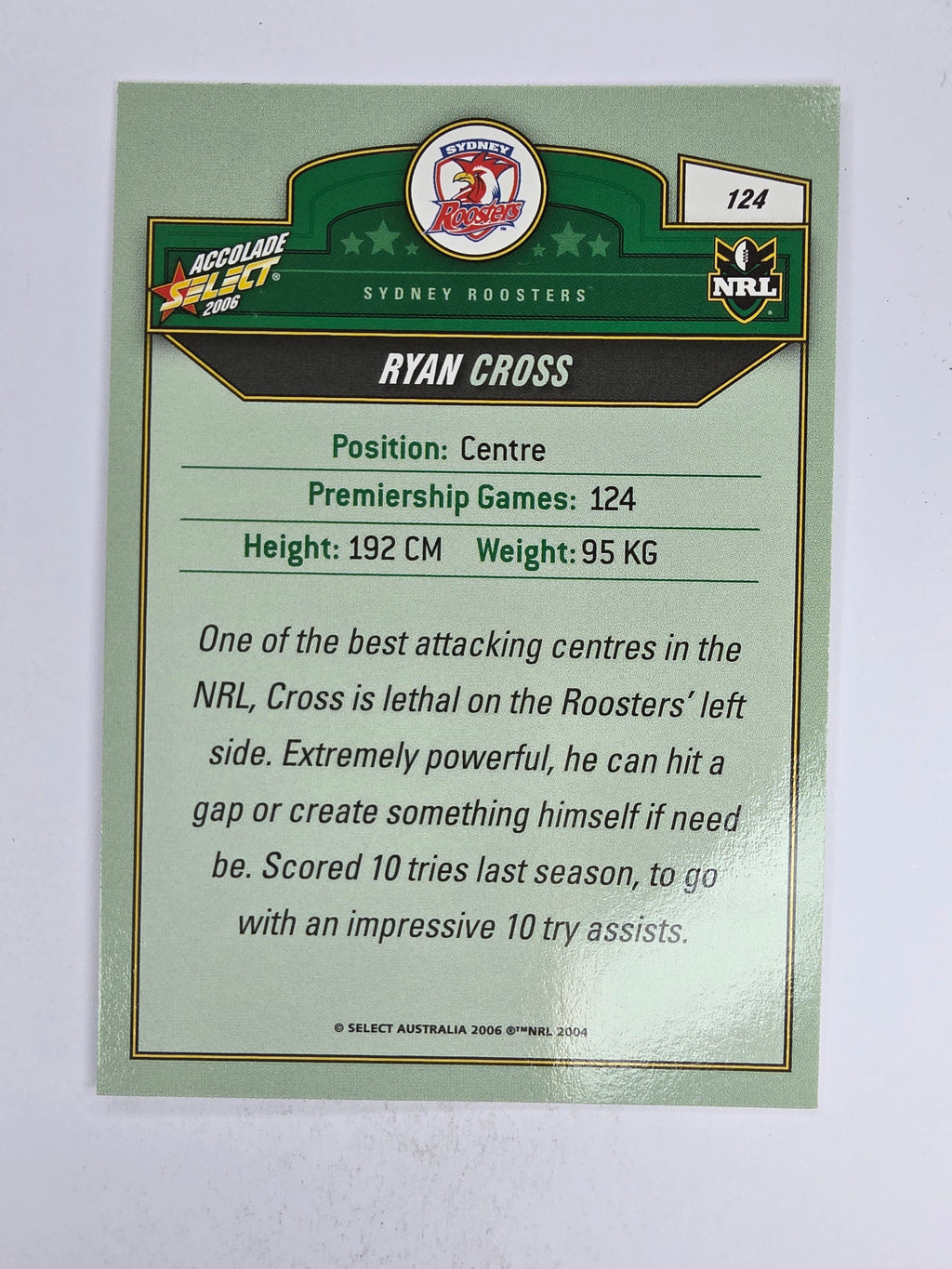 NRL 2006 Accolade Base Card #124 Ryan Cross Sydney Roosters