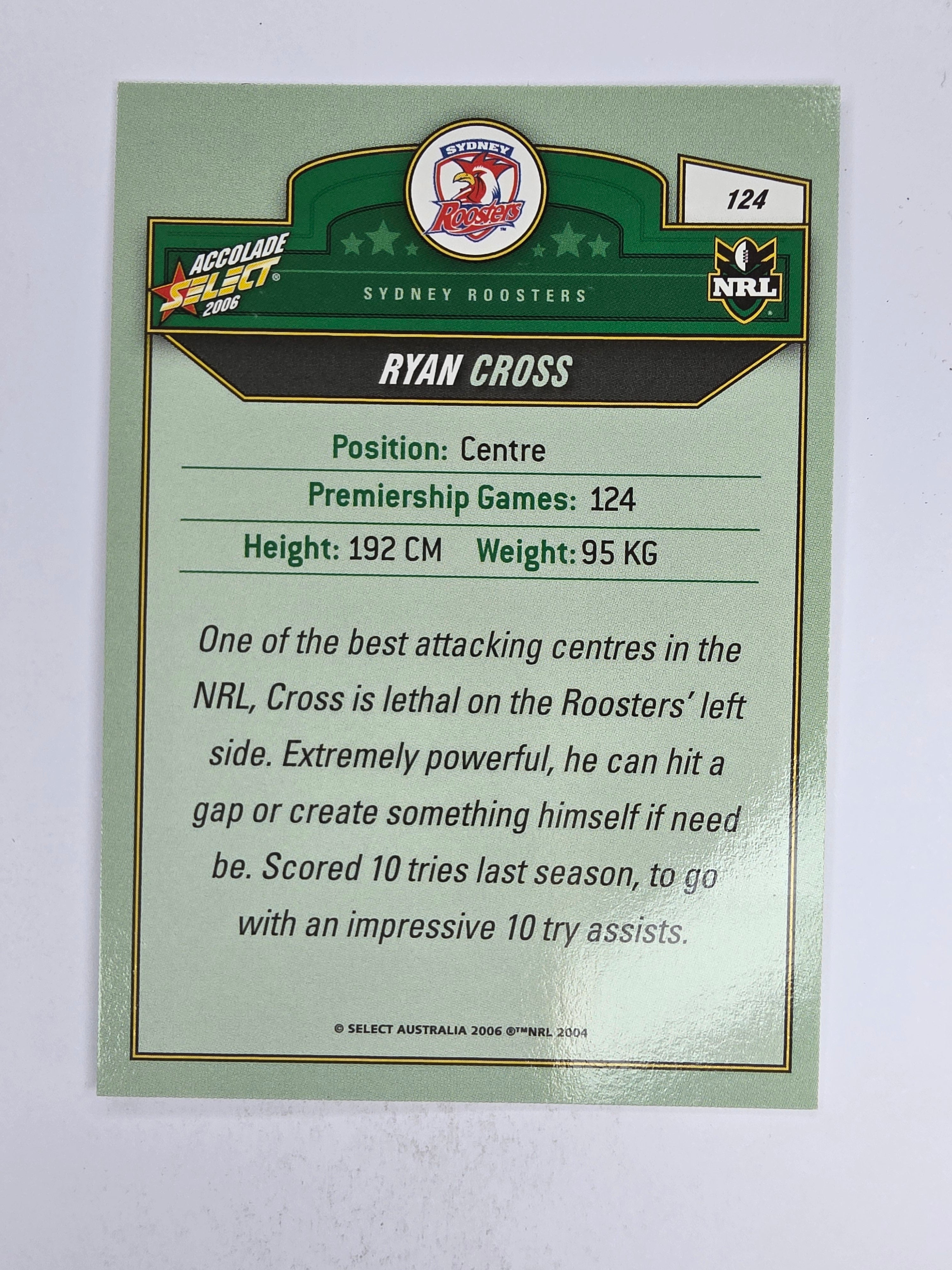 NRL 2006 Accolade Base Card #124 Ryan Cross Sydney Roosters