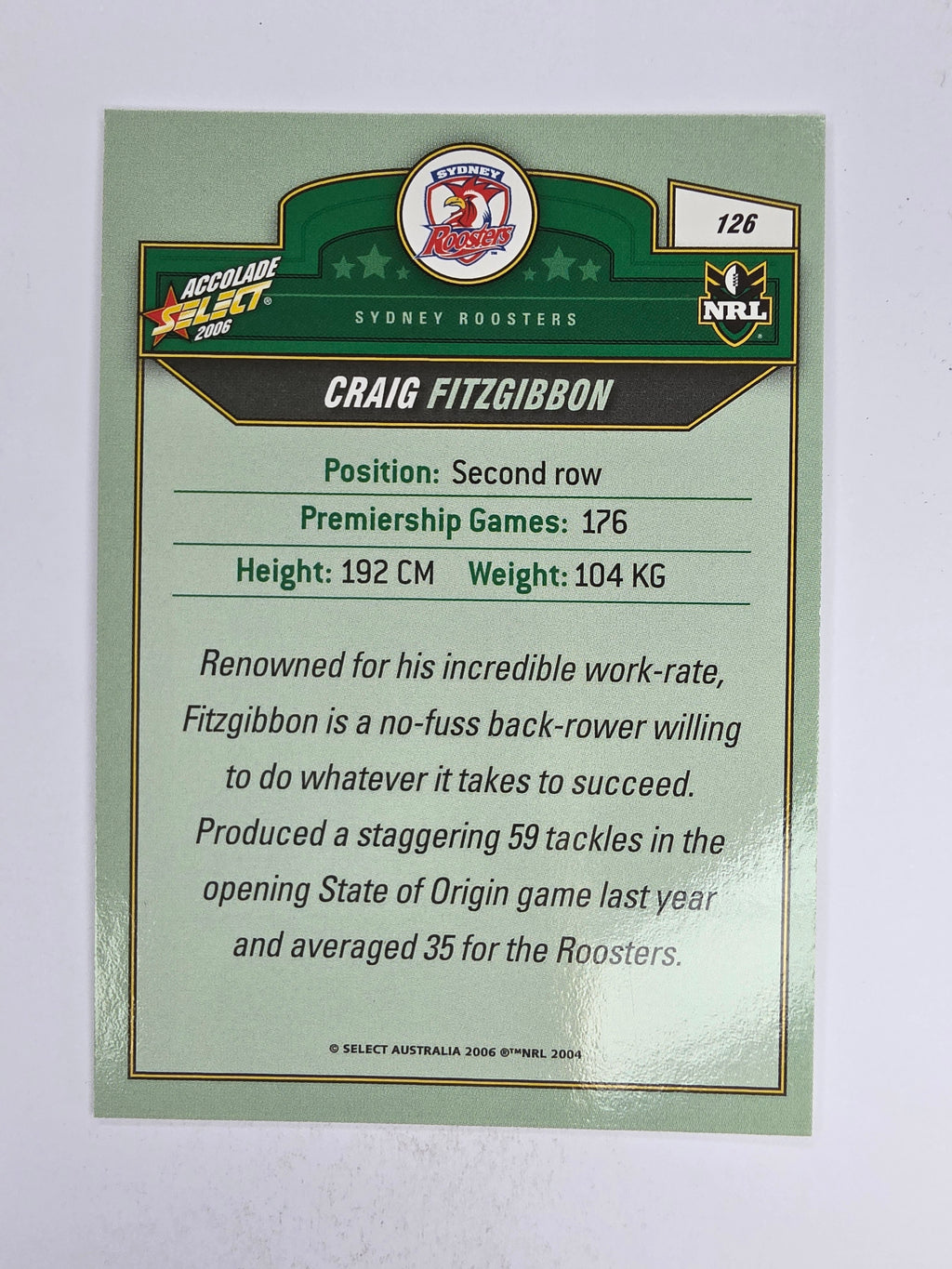 NRL 2006 Accolade Base Card #126 Craig Fitzgibbon Sydney Roosters