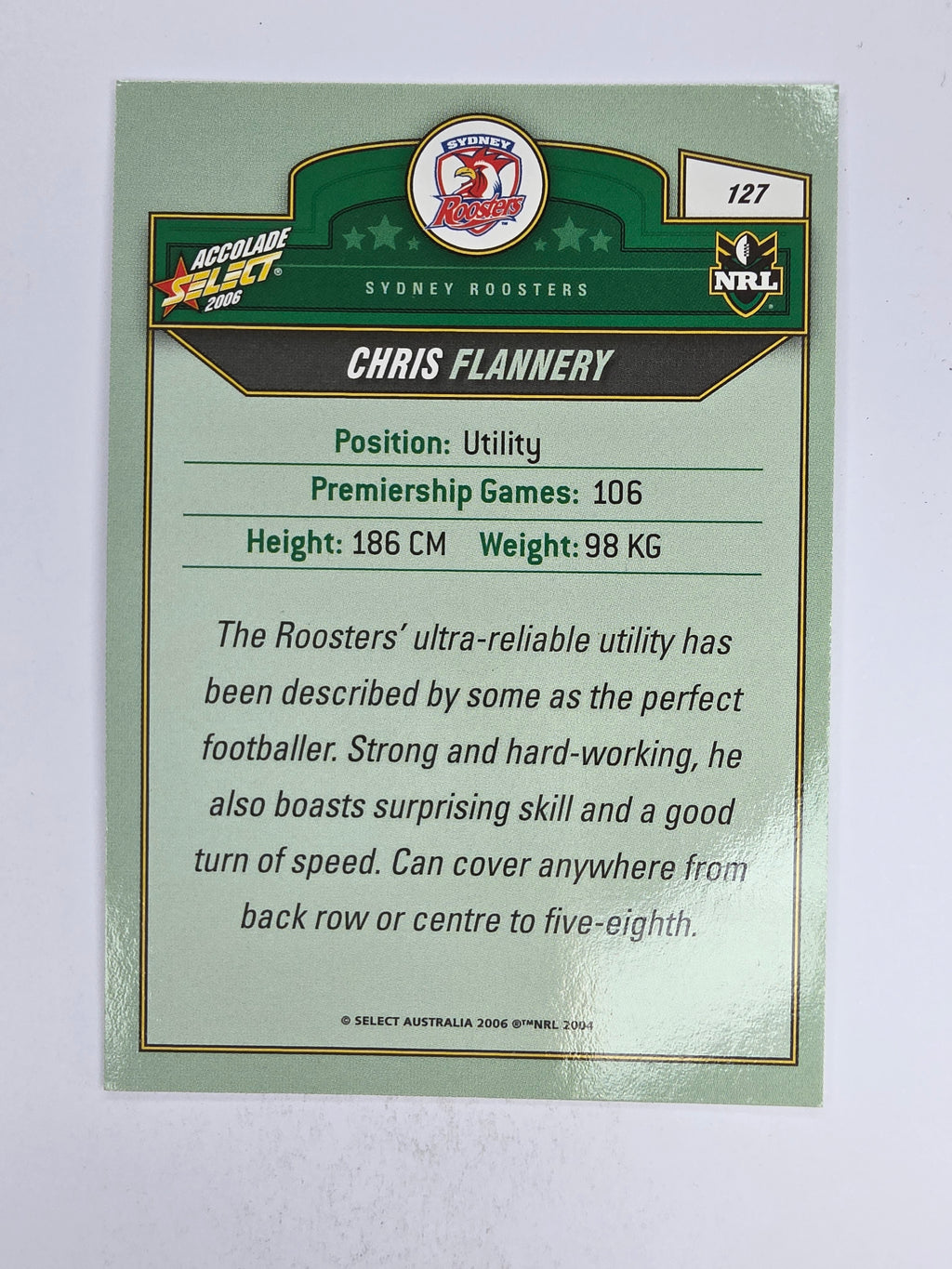 NRL 2006 Accolade Base Card #127 Chris Flannery Sydney Roosters
