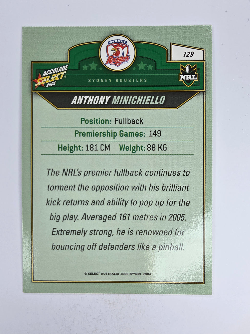 NRL 2006 Accolade Base Card #129 Anthony Minichiello Sydney Roosters