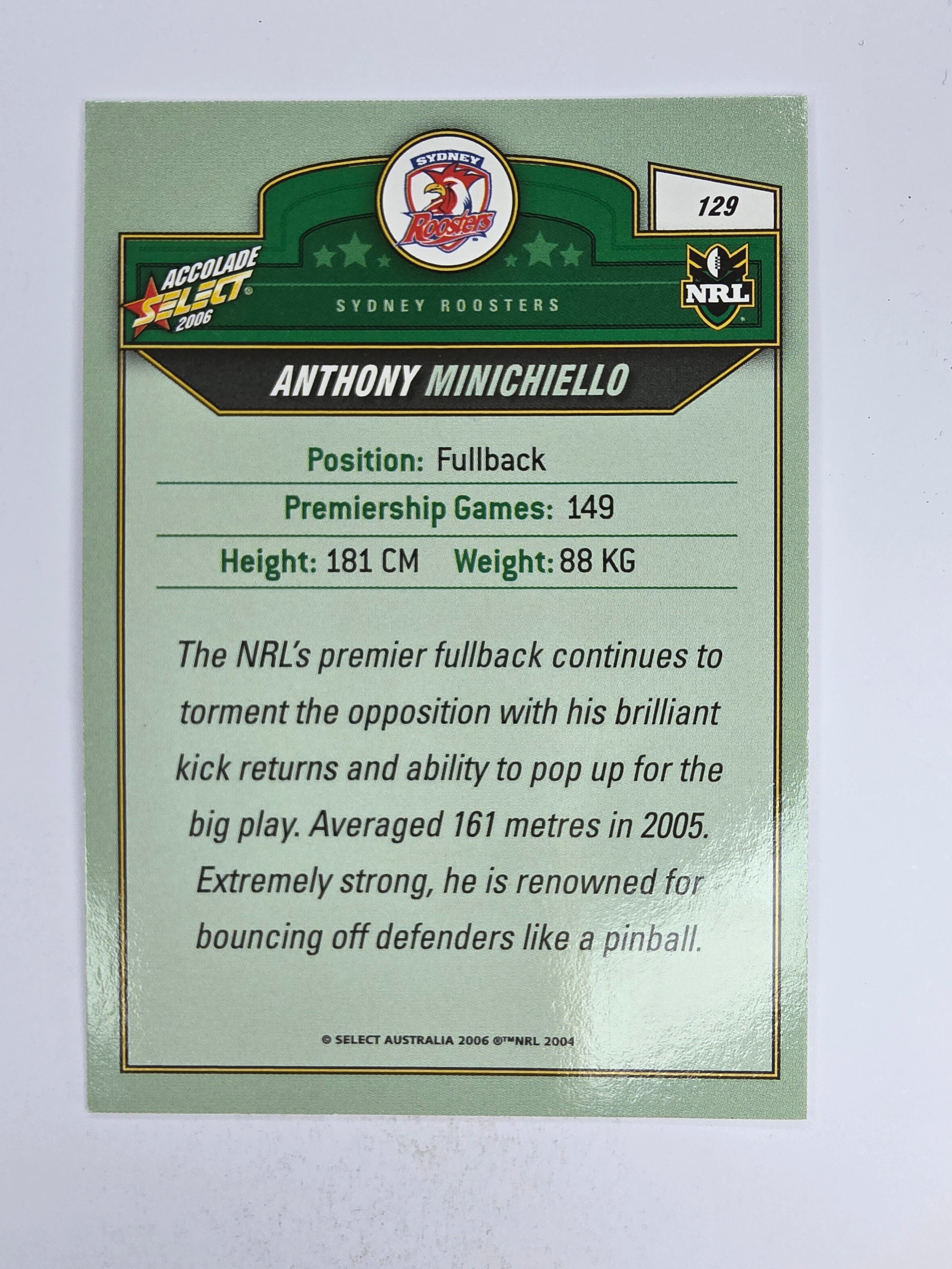NRL 2006 Accolade Base Card #129 Anthony Minichiello Sydney Roosters