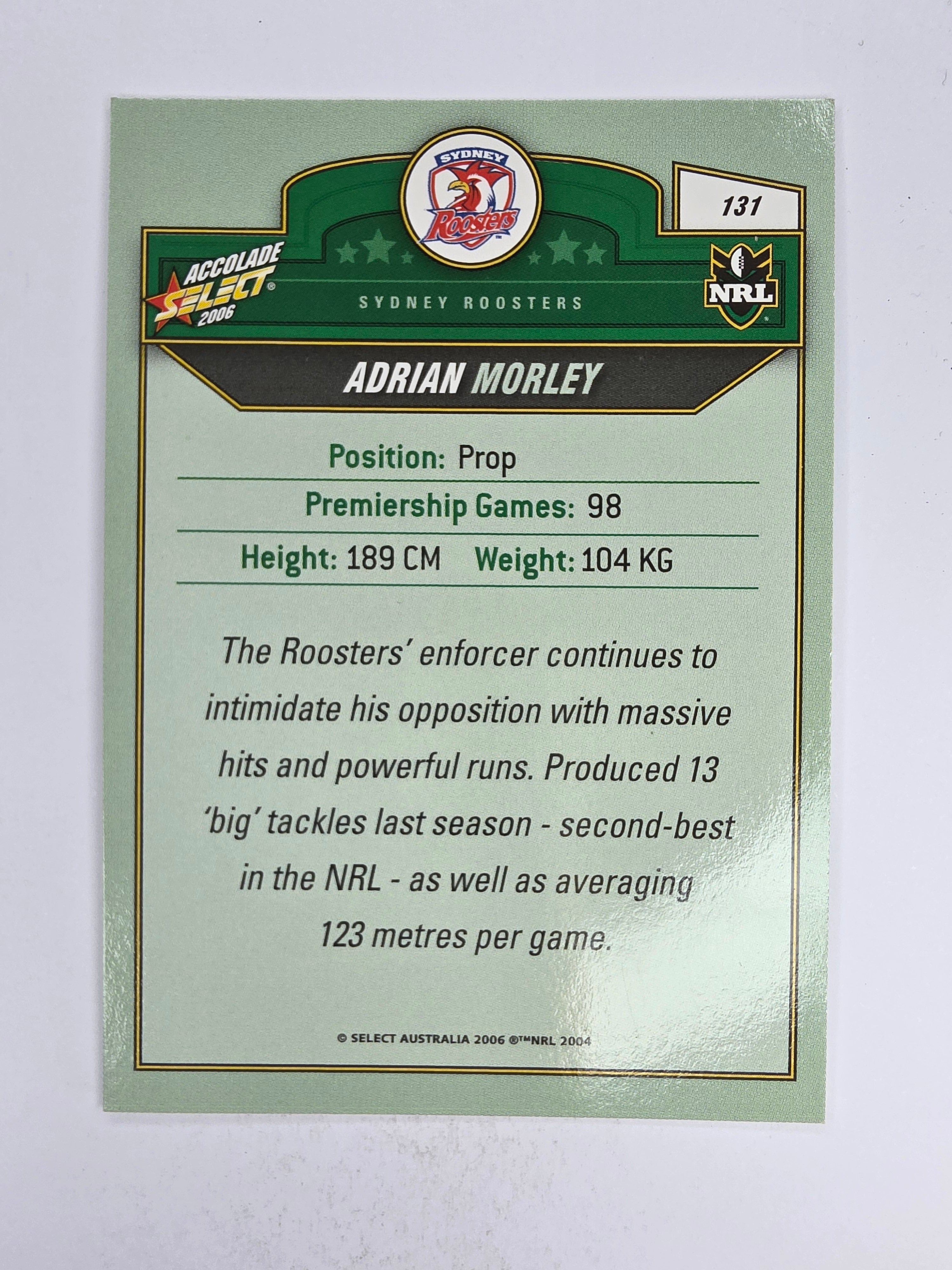 NRL 2006 Accolade Base Card #131 Adrian Morley Sydney Roosters
