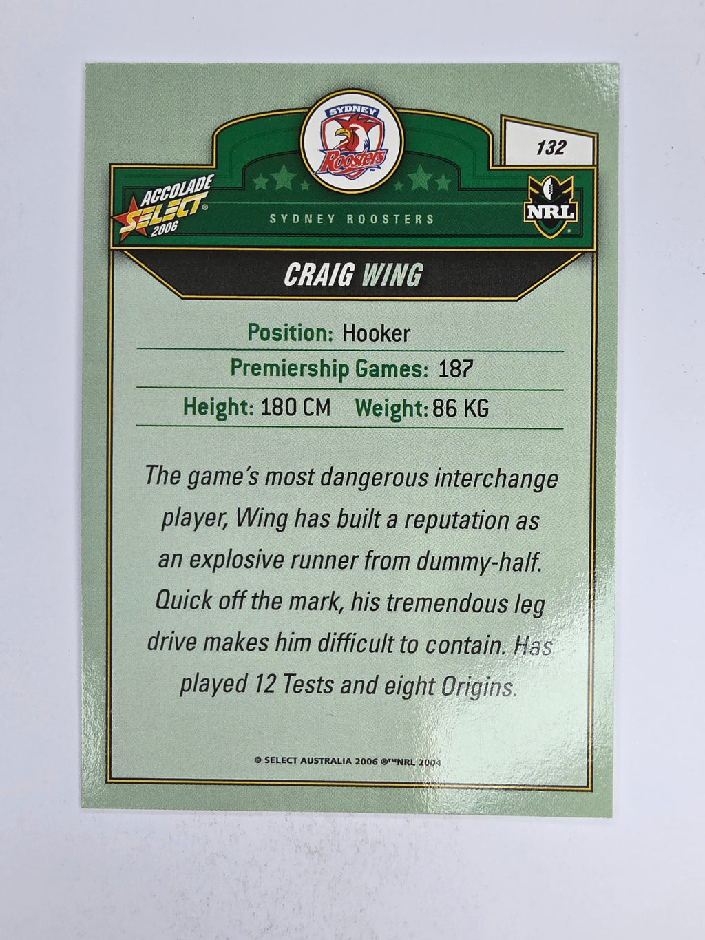 NRL 2006 Accolade Base Card #132 Craig Wing Sydney Roosters