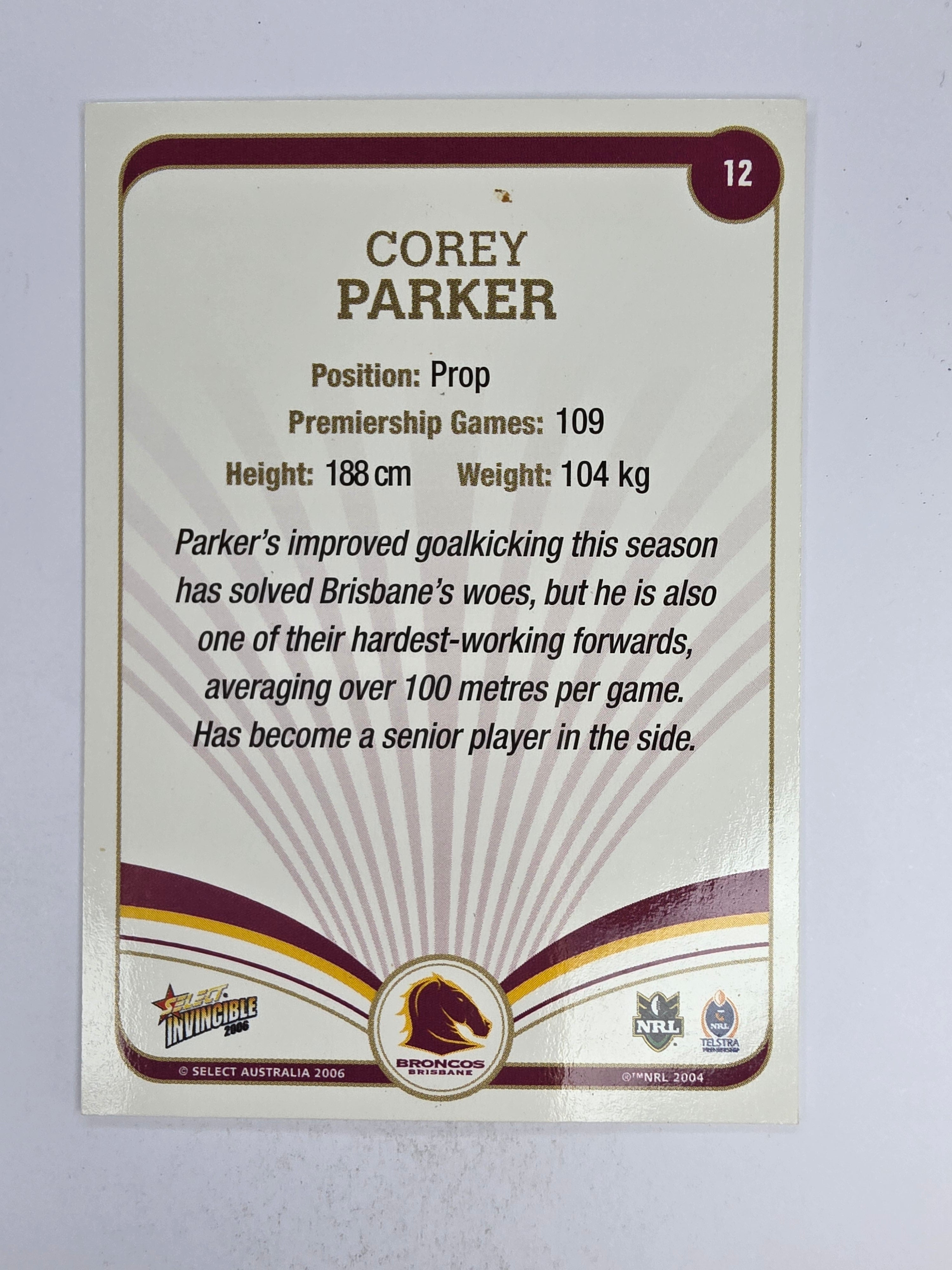 NRL 2006 Invincible Base Card #12 Corey Parker Brisbane Broncos