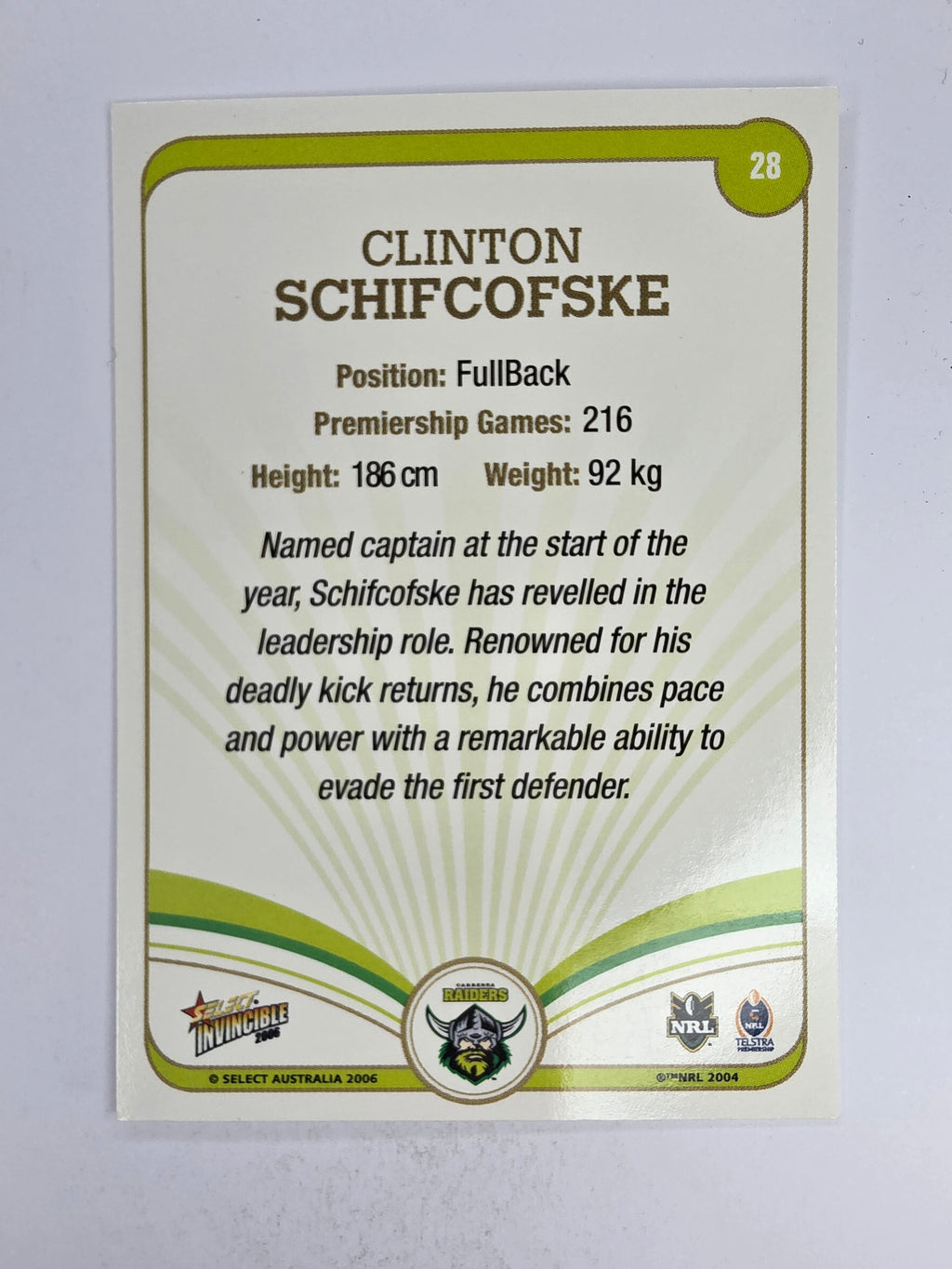 NRL 2006 Invincible Base Card #28 Clinton Schifcofske Canberra Raiders