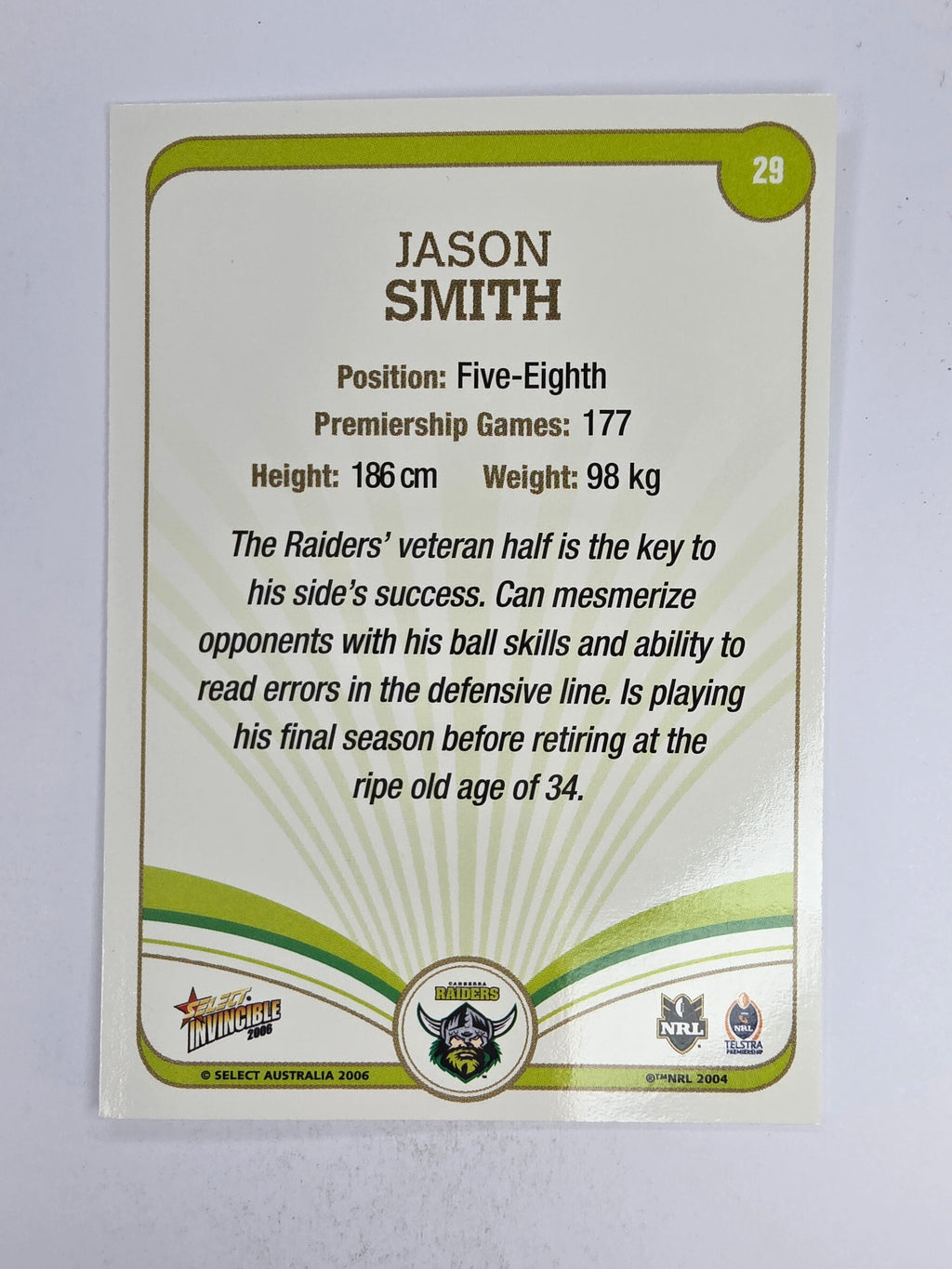 NRL 2006 Invincible Base Card #29 Jason Smith Canberra Raiders