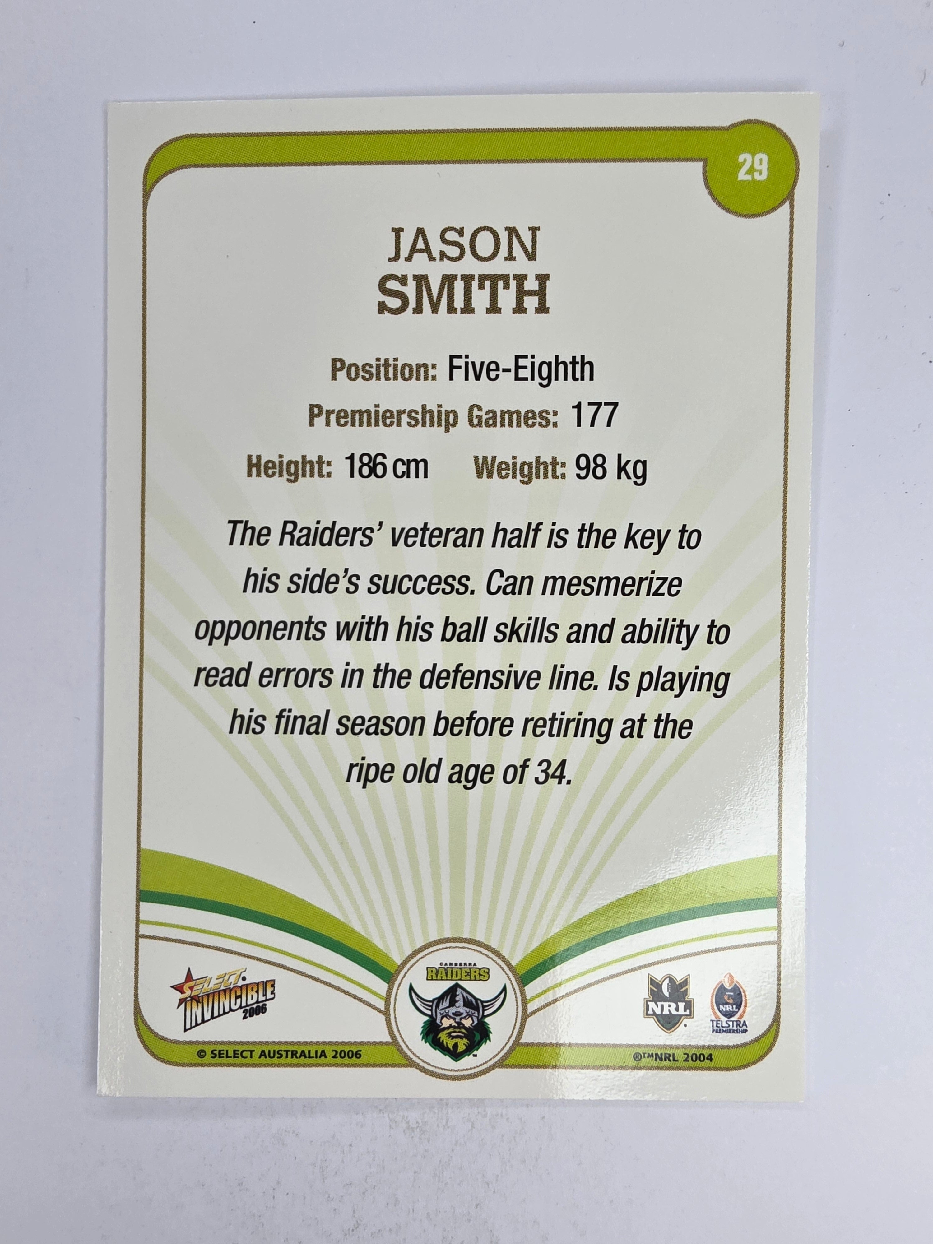 NRL 2006 Invincible Base Card #29 Jason Smith Canberra Raiders