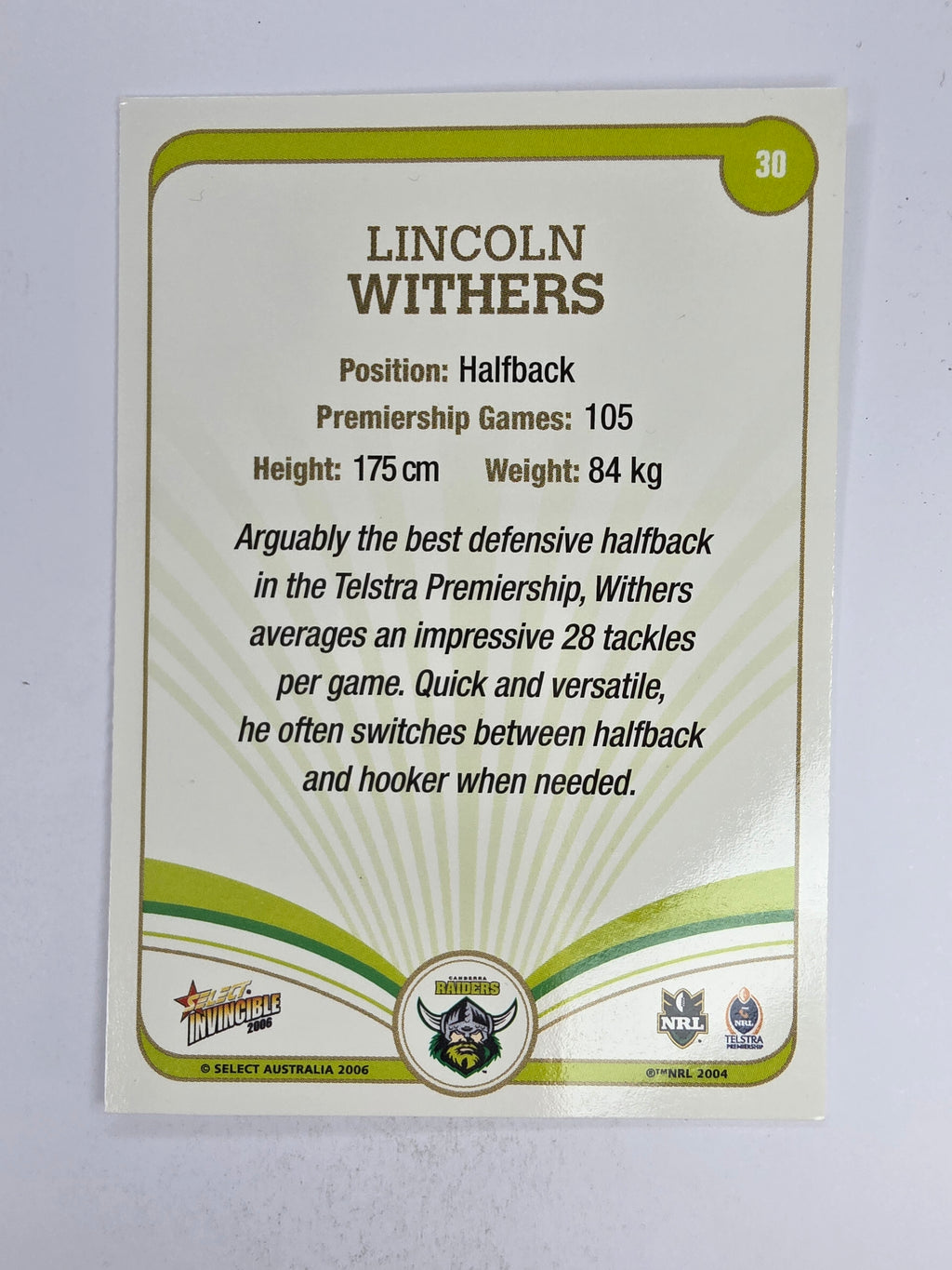 NRL 2006 Invincible Base Card #30 Lincoln Withers Canberra Raiders