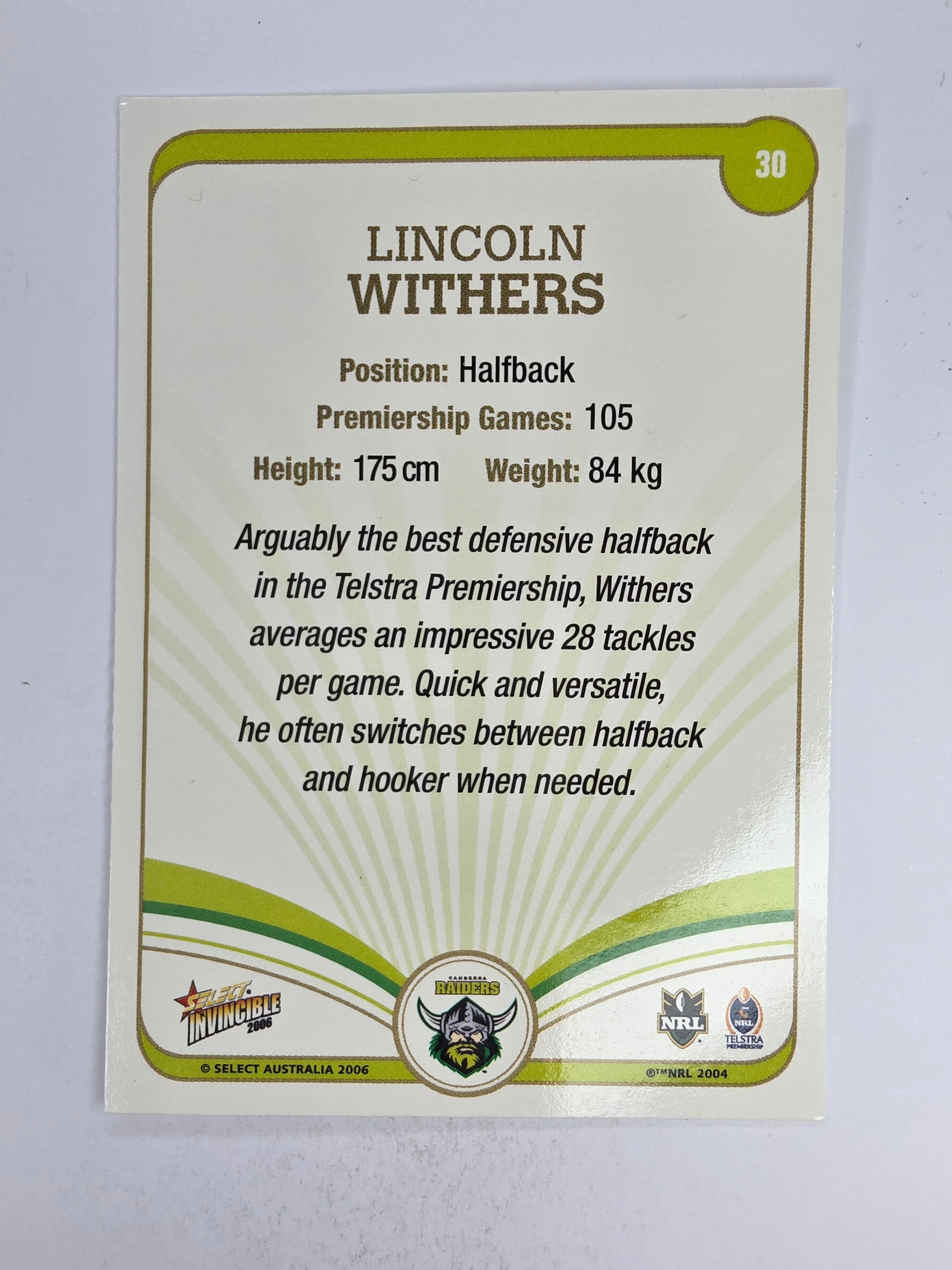 NRL 2006 Invincible Base Card #30 Lincoln Withers Canberra Raiders