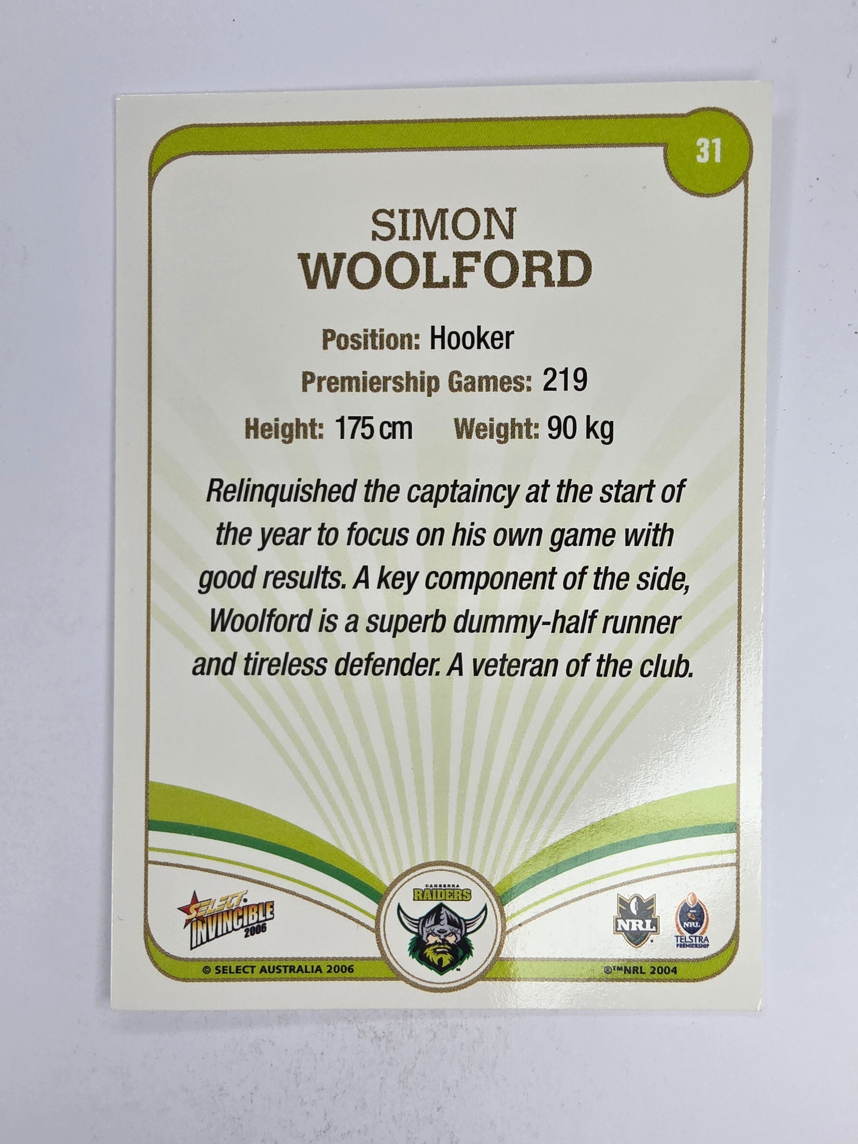 NRL 2006 Invincible Base Card #31 Simon Woolford Canberra Raiders