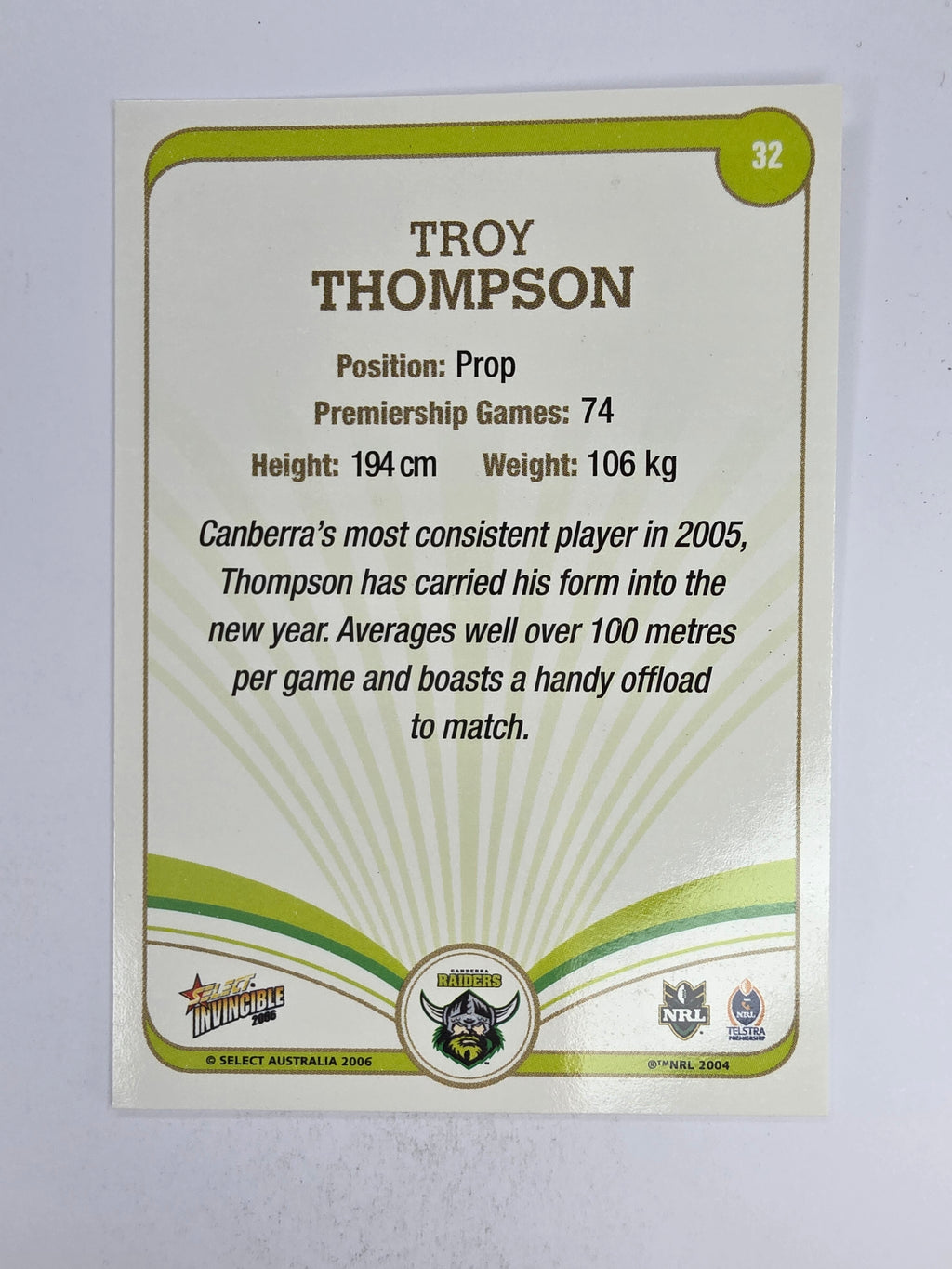 NRL 2006 Invincible Base Card #32 Troy Thompson Canberra Raiders
