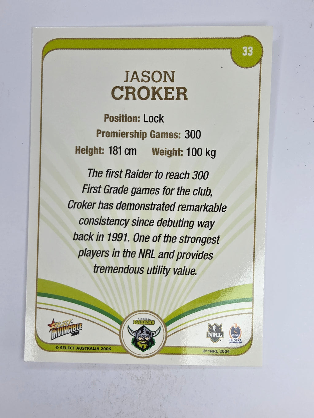 NRL 2006 Invincible Base Card #33 Jason Croker Canberra Raiders