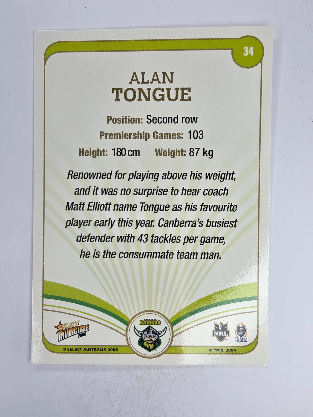 NRL 2006 Invincible Base Card #34 Alan Tongue Canberra Raiders