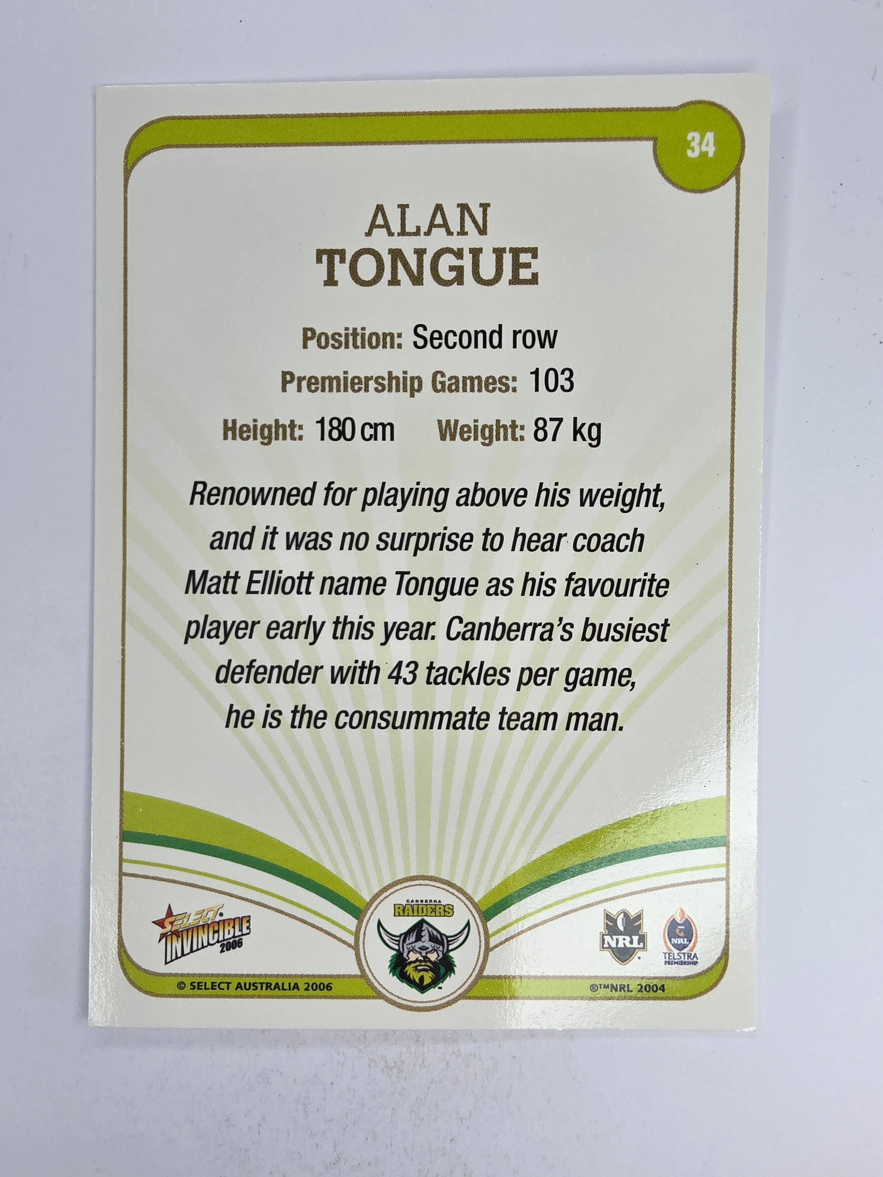 NRL 2006 Invincible Base Card #34 Alan Tongue Canberra Raiders