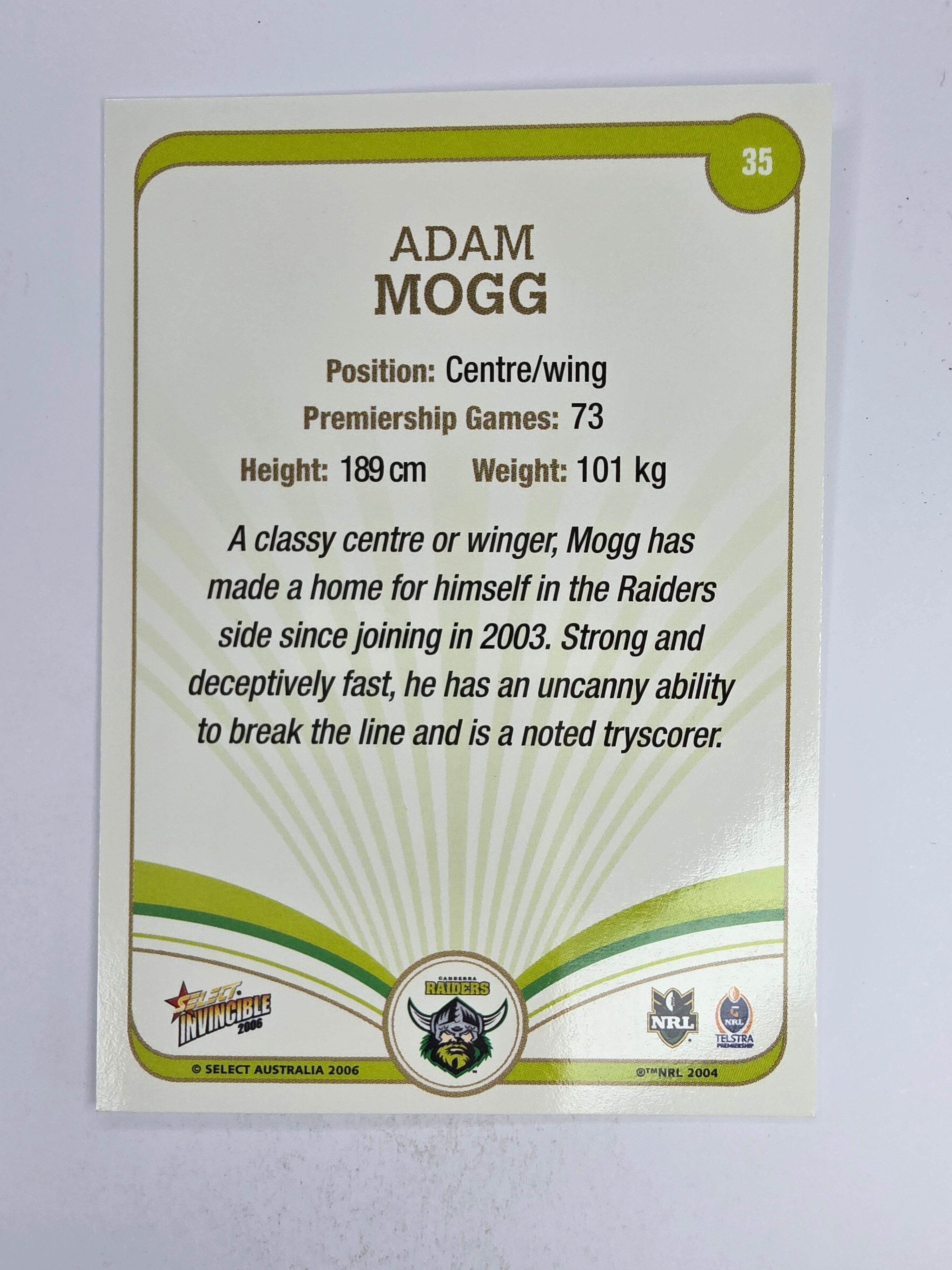 NRL 2006 Invincible Base Card #35 Adam Mogg Canberra Raiders