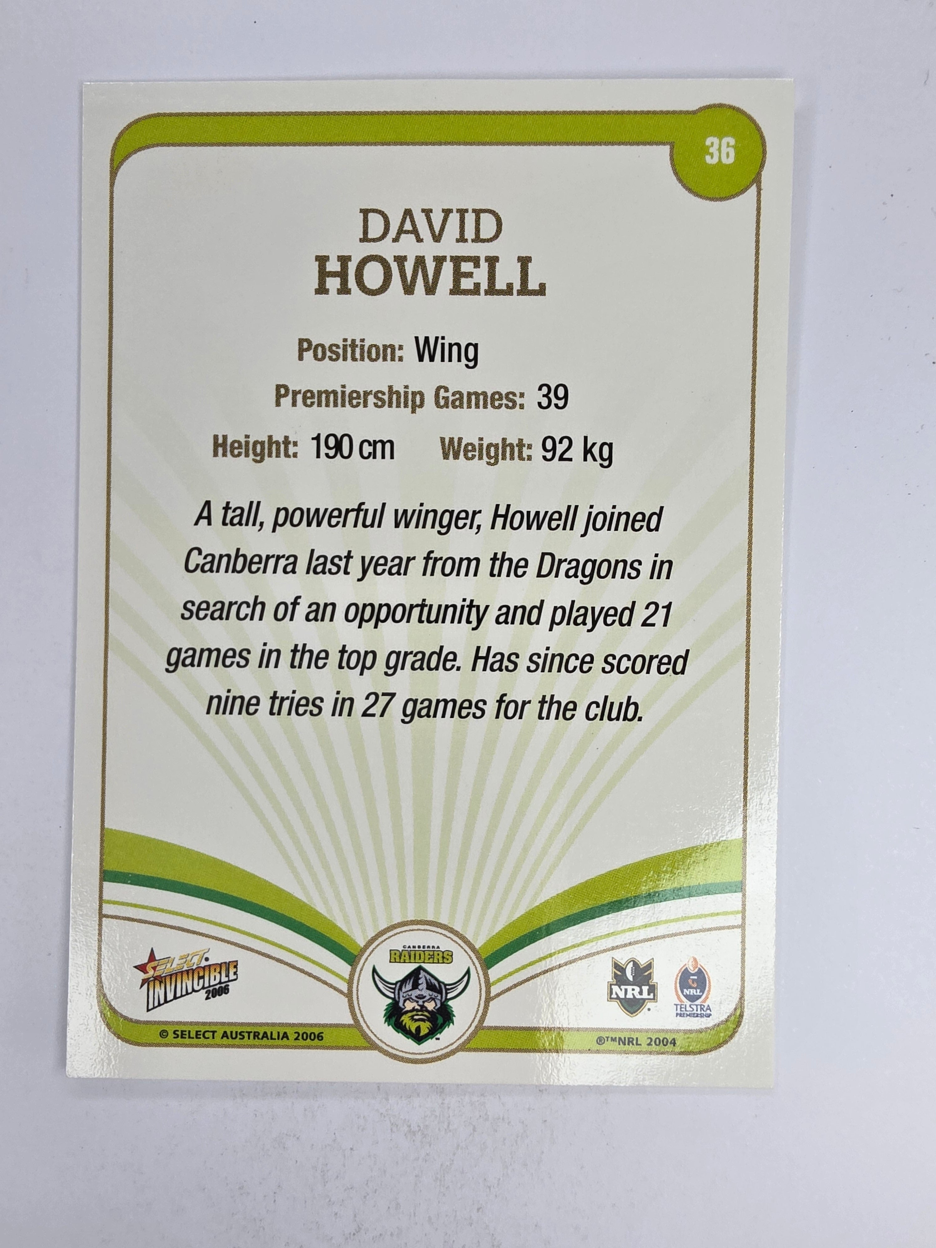NRL 2006 Invincible Base Card #36 David Howell Canberra Raiders