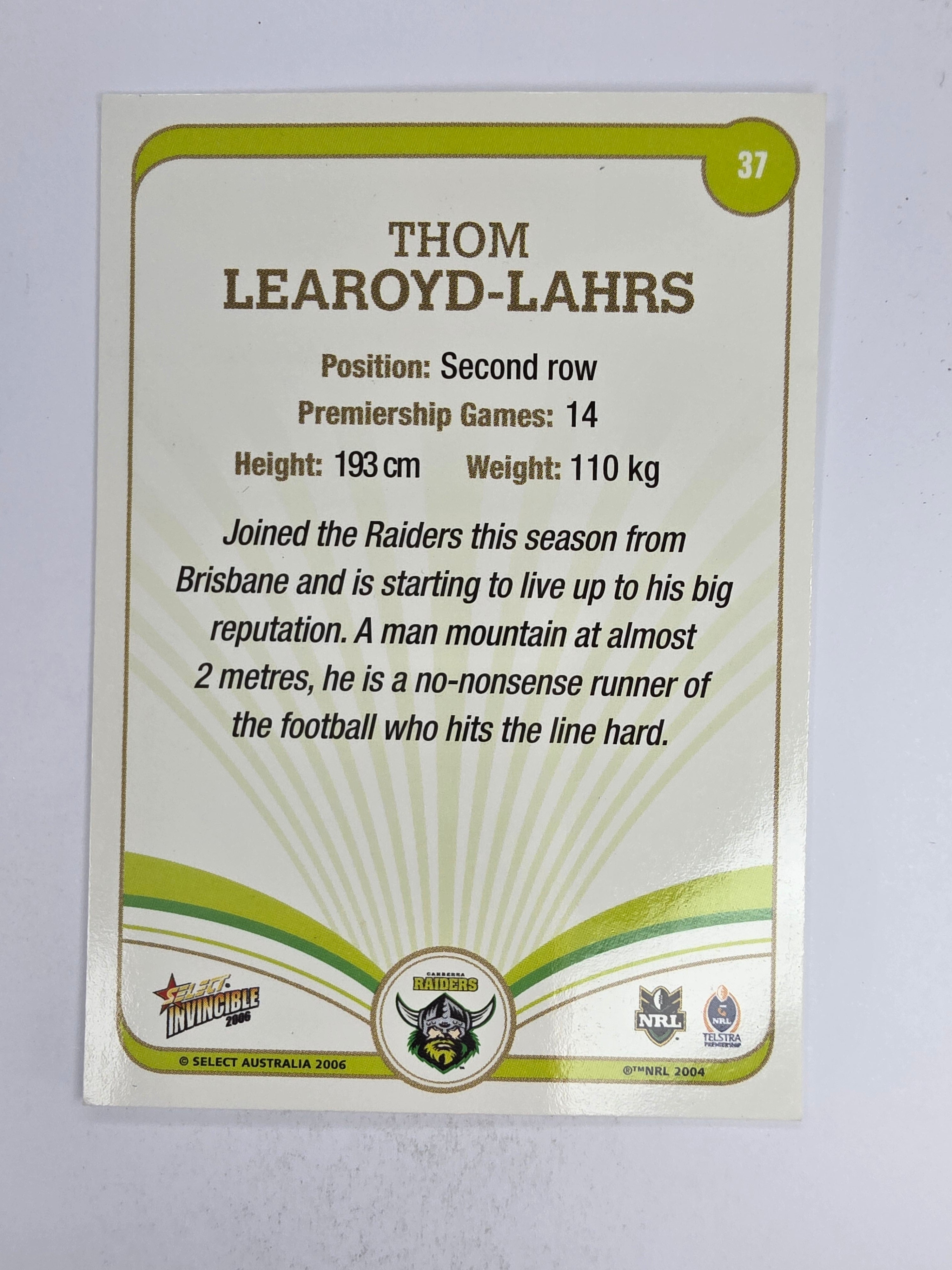 NRL 2006 Invincible Base Card #37 Thom Learoyd-Lahrs Canberra Raiders