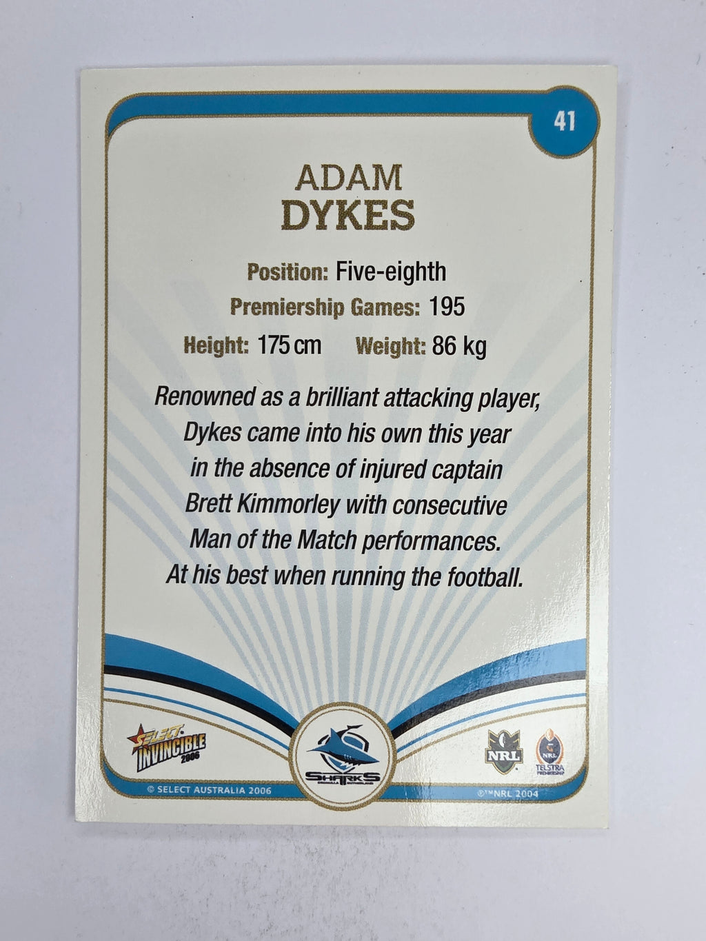 NRL 2006 Invincible Base Card #41 Adam Dykes Cronulla Sutherland Sharks