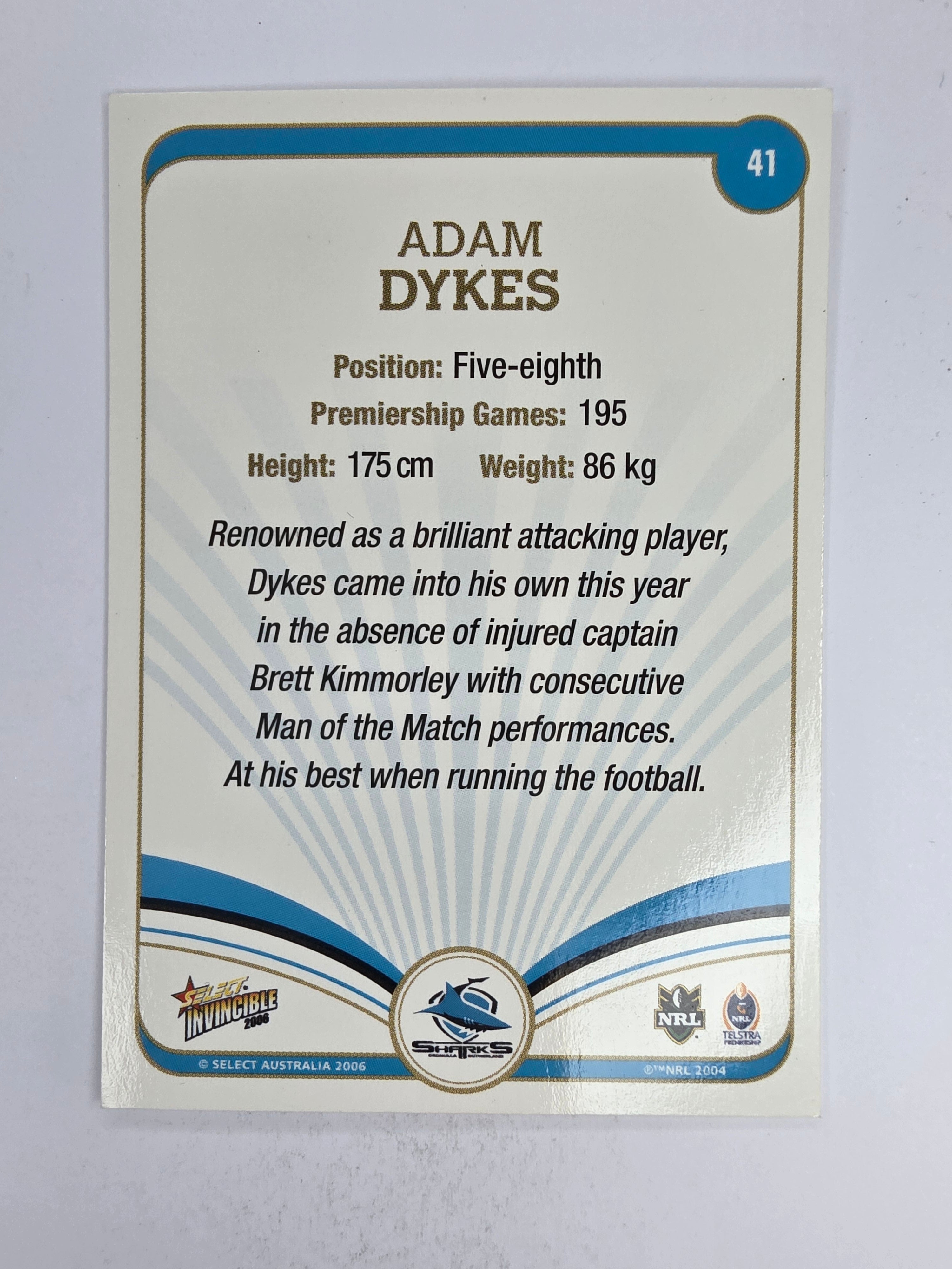 NRL 2006 Invincible Base Card #41 Adam Dykes Cronulla Sutherland Sharks