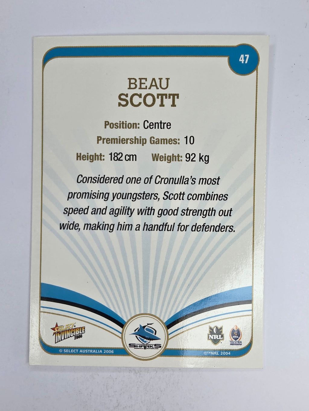 NRL 2006 Invincible Base Card #47 Beau Scott Cronulla Sutherland Sharks