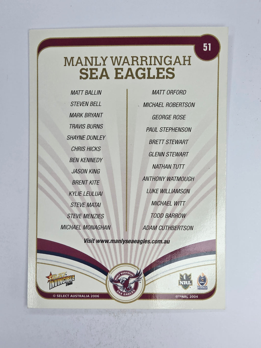 NRL 2006 Invincible Base Card #51 Manly Warringah Sea Eagles Logo