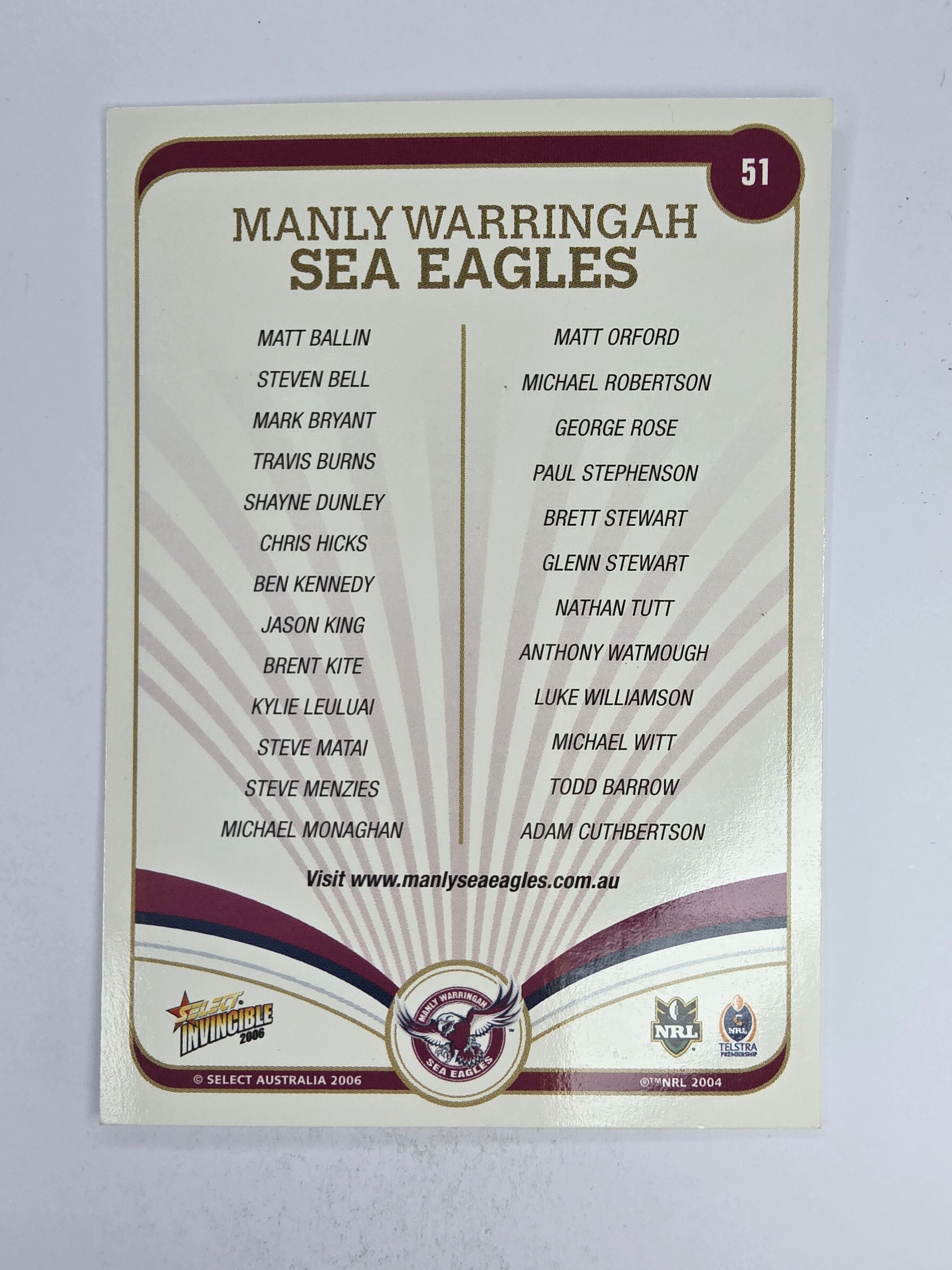 NRL 2006 Invincible Base Card #51 Manly Warringah Sea Eagles Logo