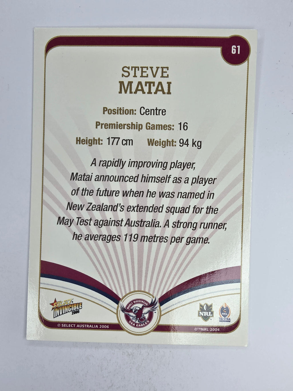 NRL 2006 Invincible Base Card #61 Steve Matai Manly Warringah Sea Eagles