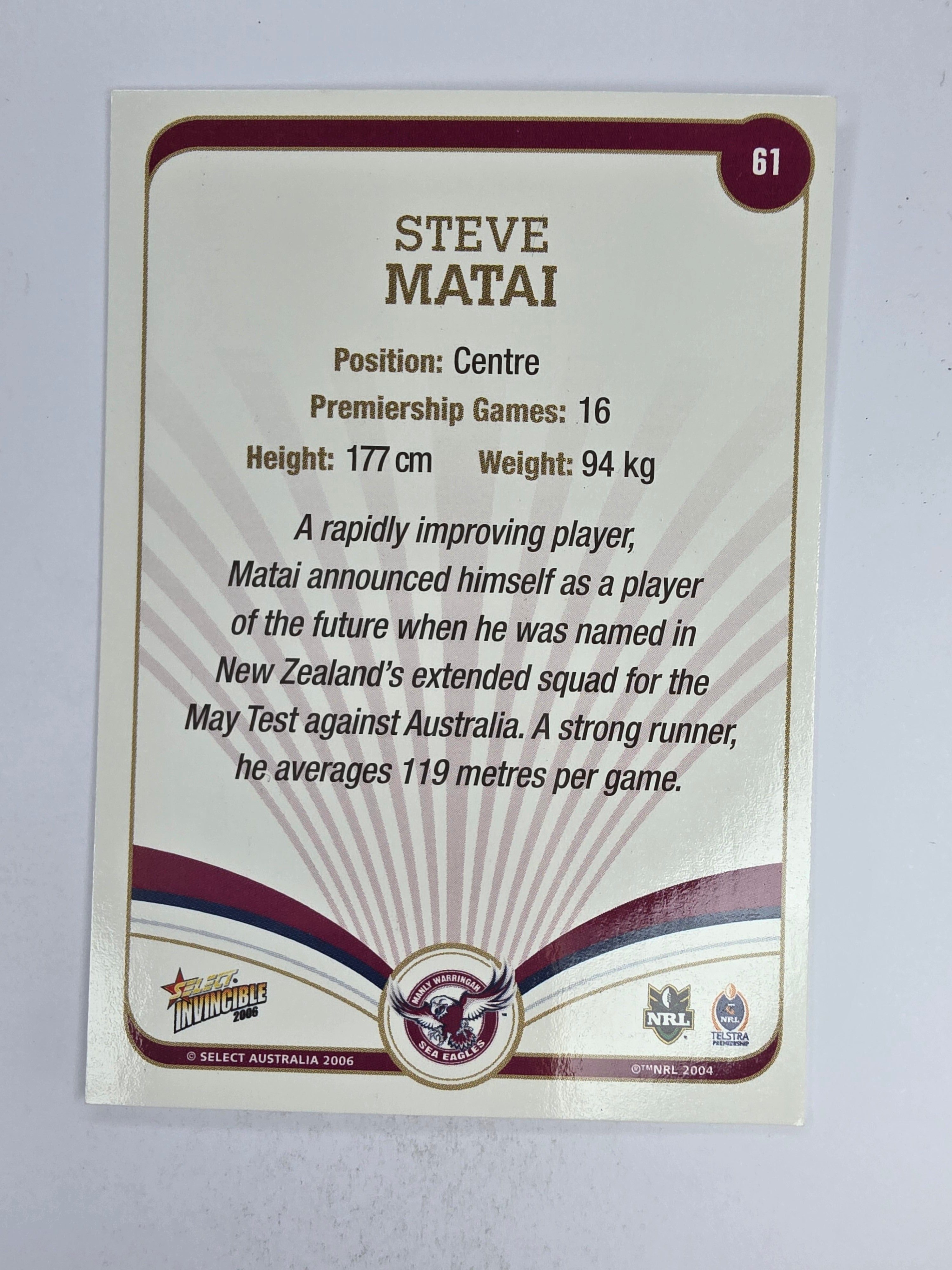 NRL 2006 Invincible Base Card #61 Steve Matai Manly Warringah Sea Eagles
