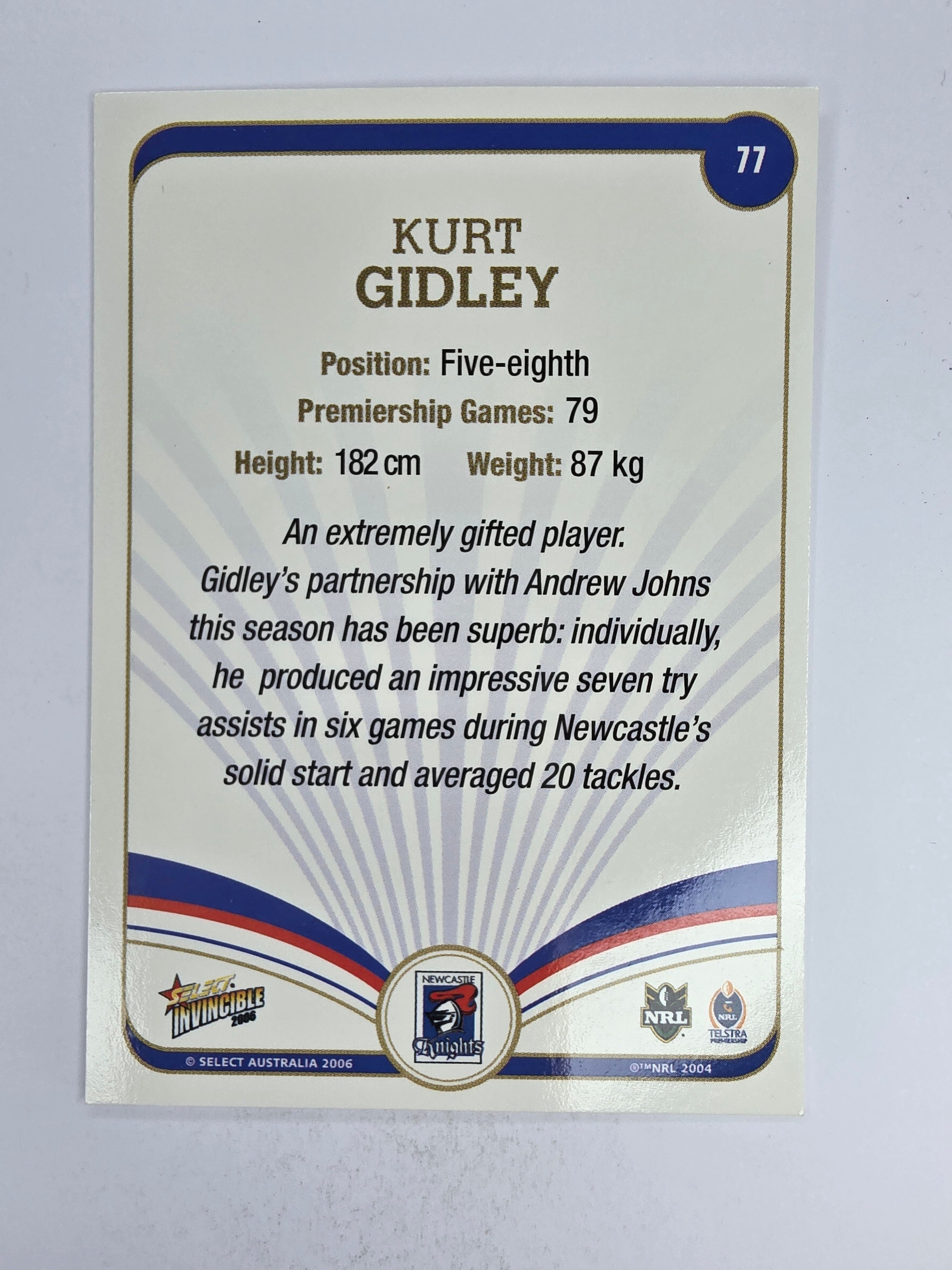 NRL 2006 Invincible Base Card #77 Kurt Gidley Newcastle Knights