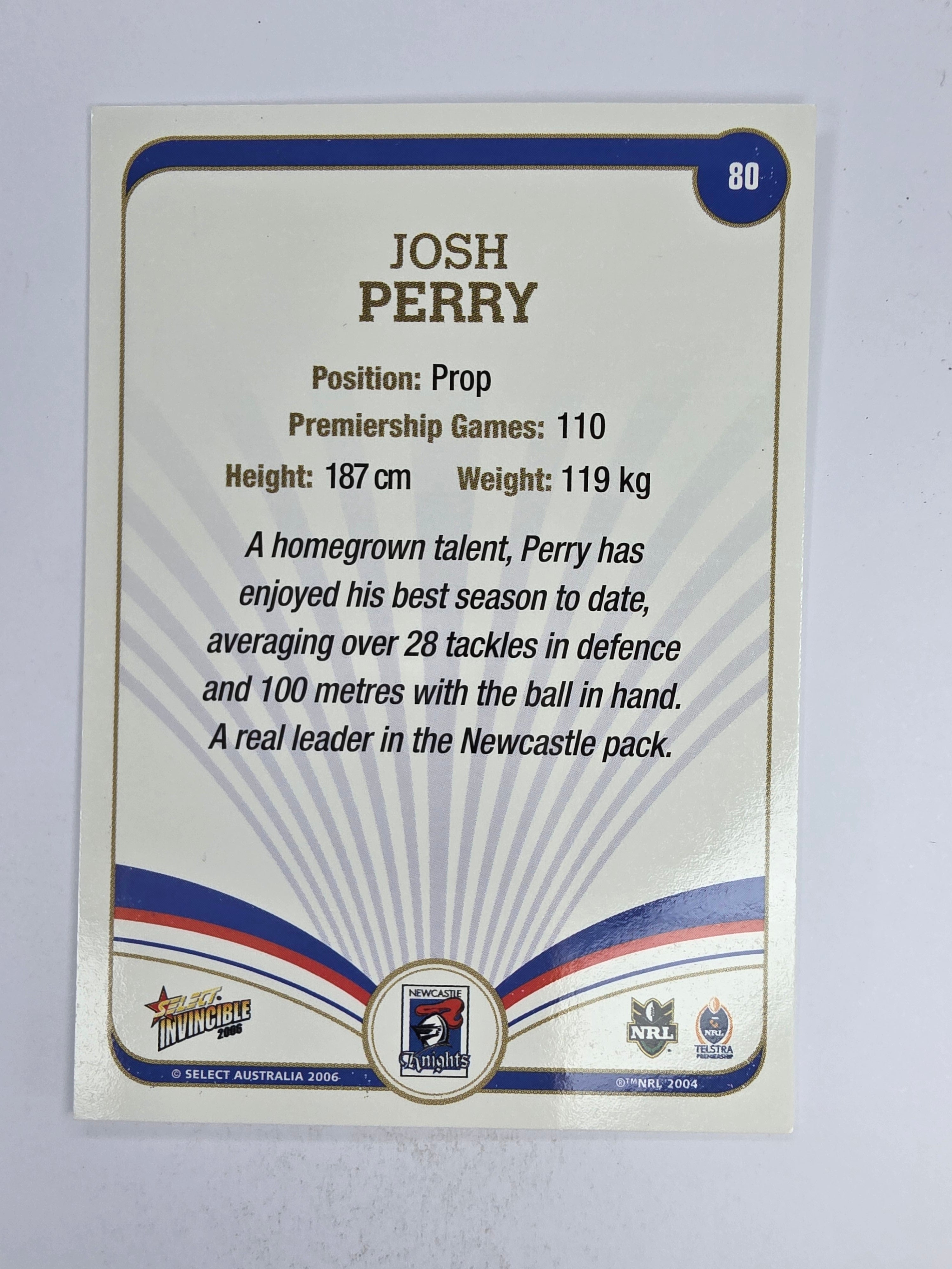 NRL 2006 Invincible Base Card #80 Josh Perry Newcastle Knights