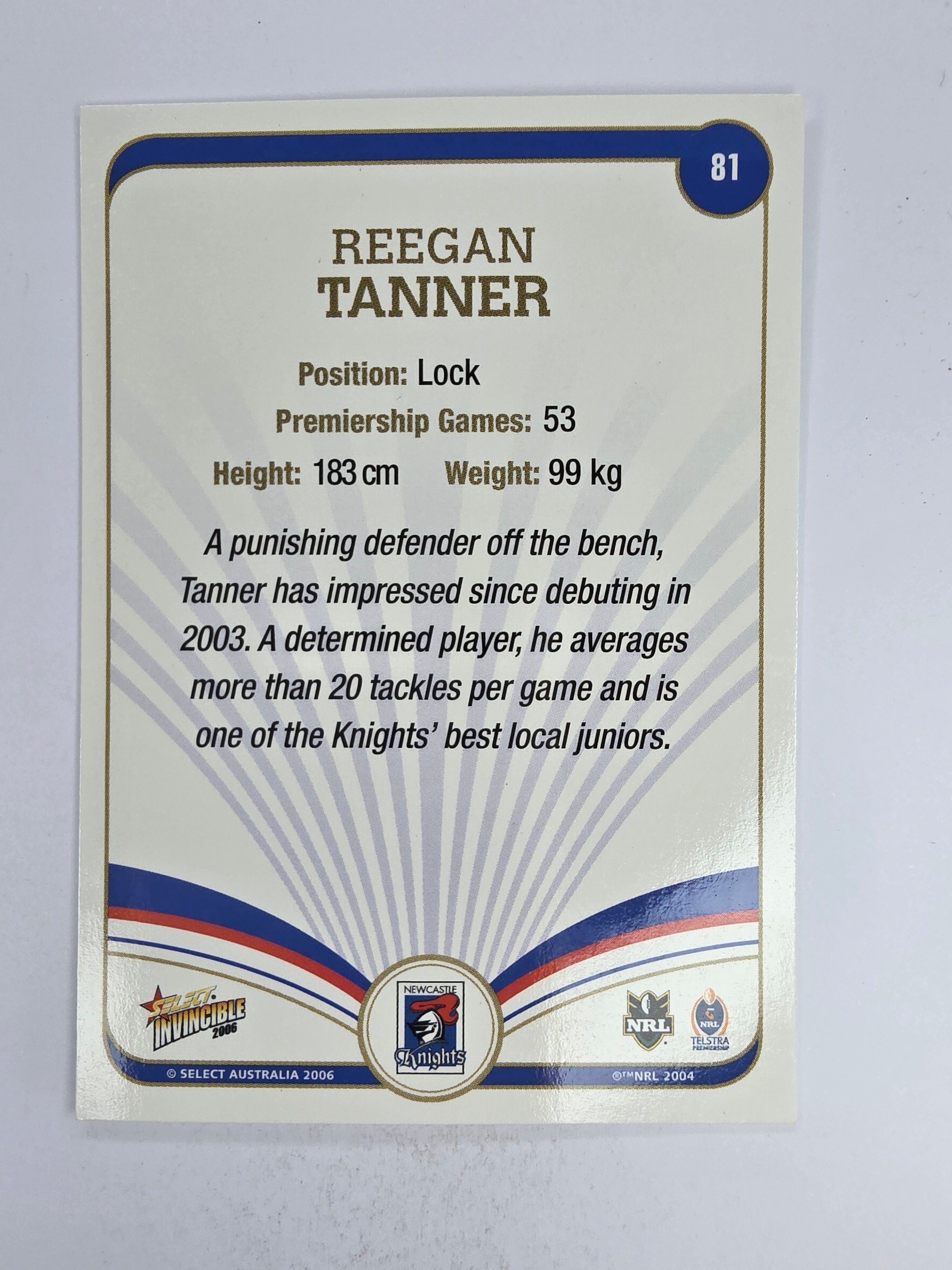 NRL 2006 Invincible Base Card #81 Reegan Tanner Newcastle Knights