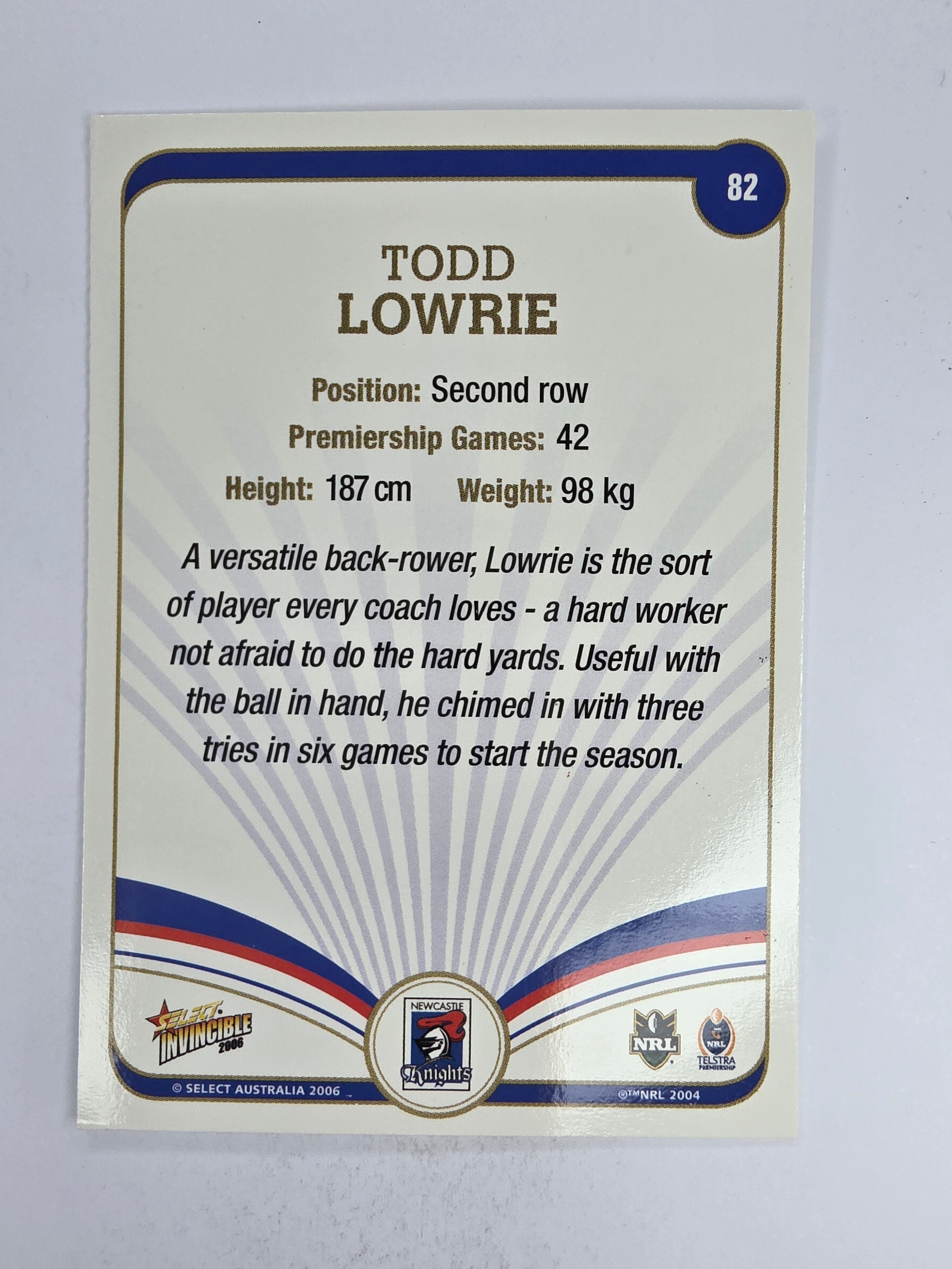 NRL 2006 Invincible Base Card #82 Todd Lowrie Newcastle Knights