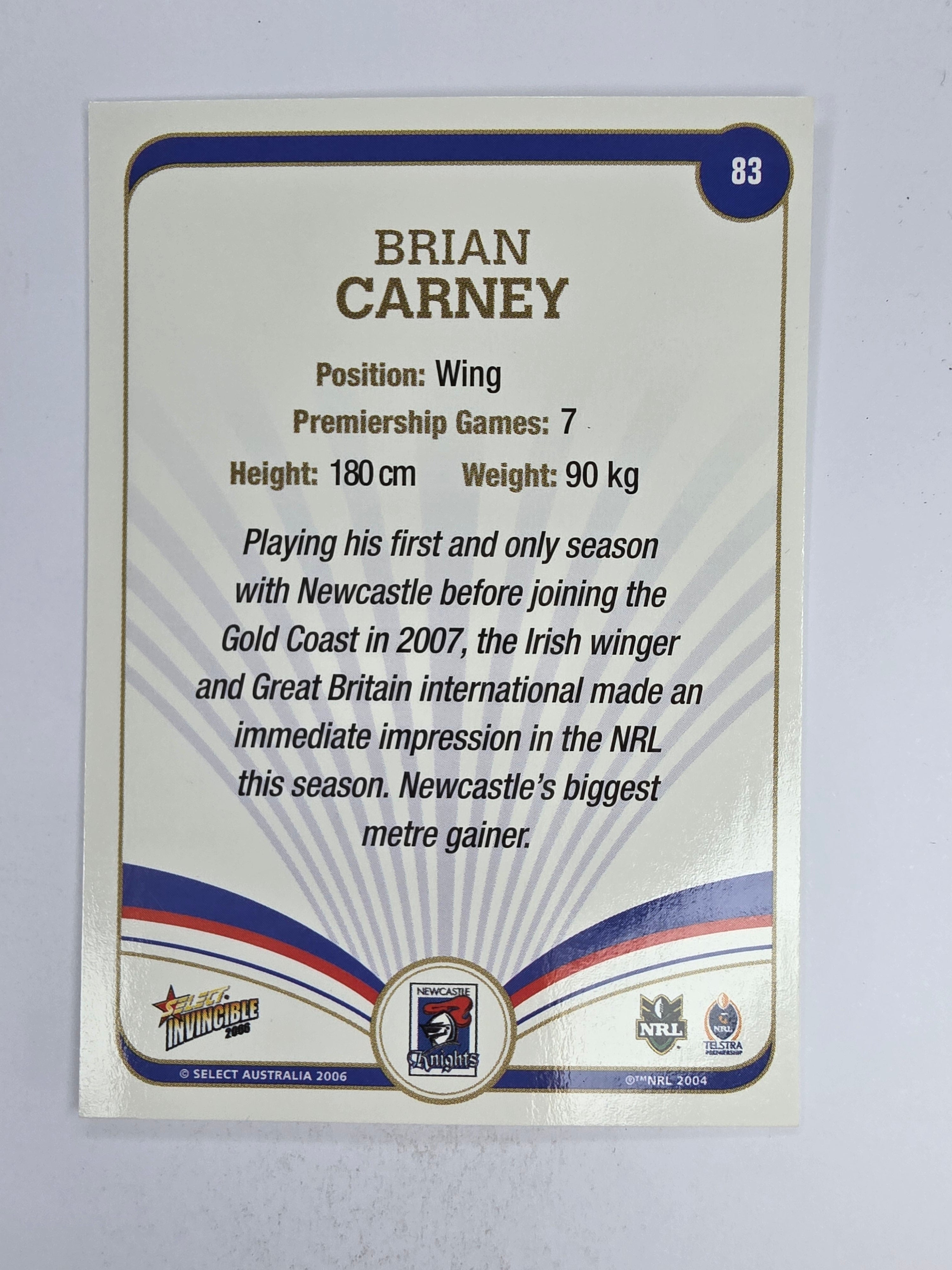NRL 2006 Invincible Base Card #83 Brian Carney Newcastle Knights