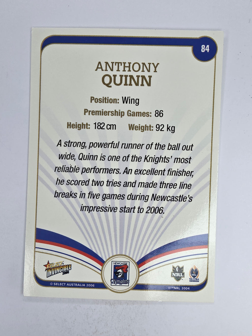 NRL 2006 Invincible Base Card #84 Anthony Quinn Newcastle Knights