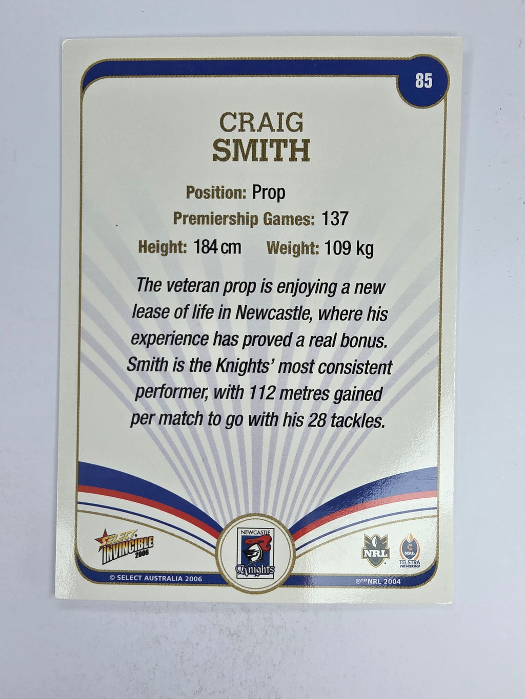 NRL 2006 Invincible Base Card #85 Craig Smith Newcastle Knights