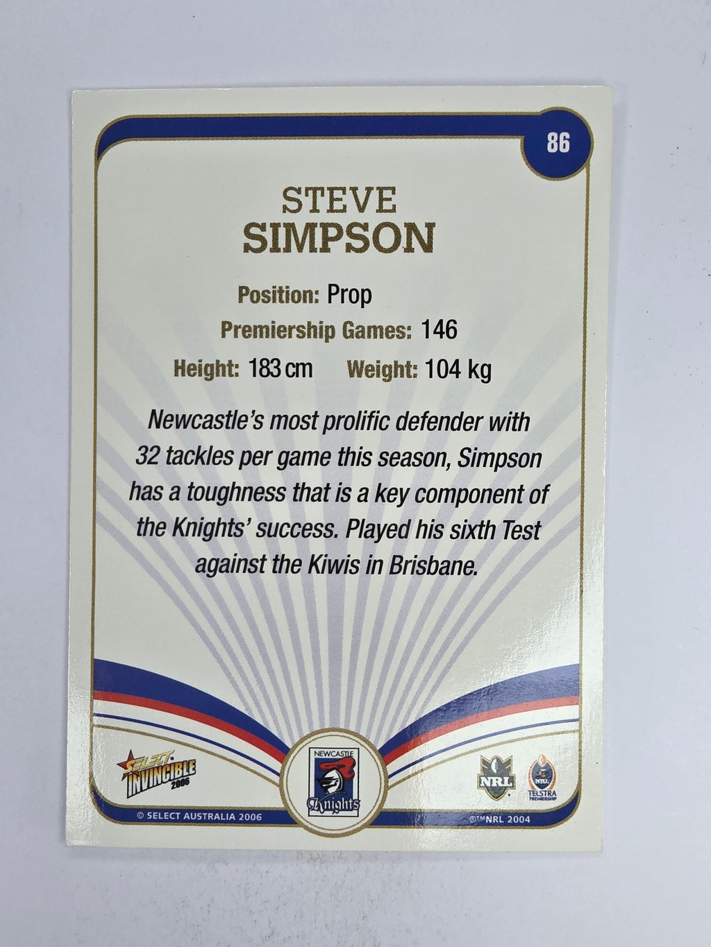 NRL 2006 Invincible Base Card #86 Steve Simpson Newcastle Knights