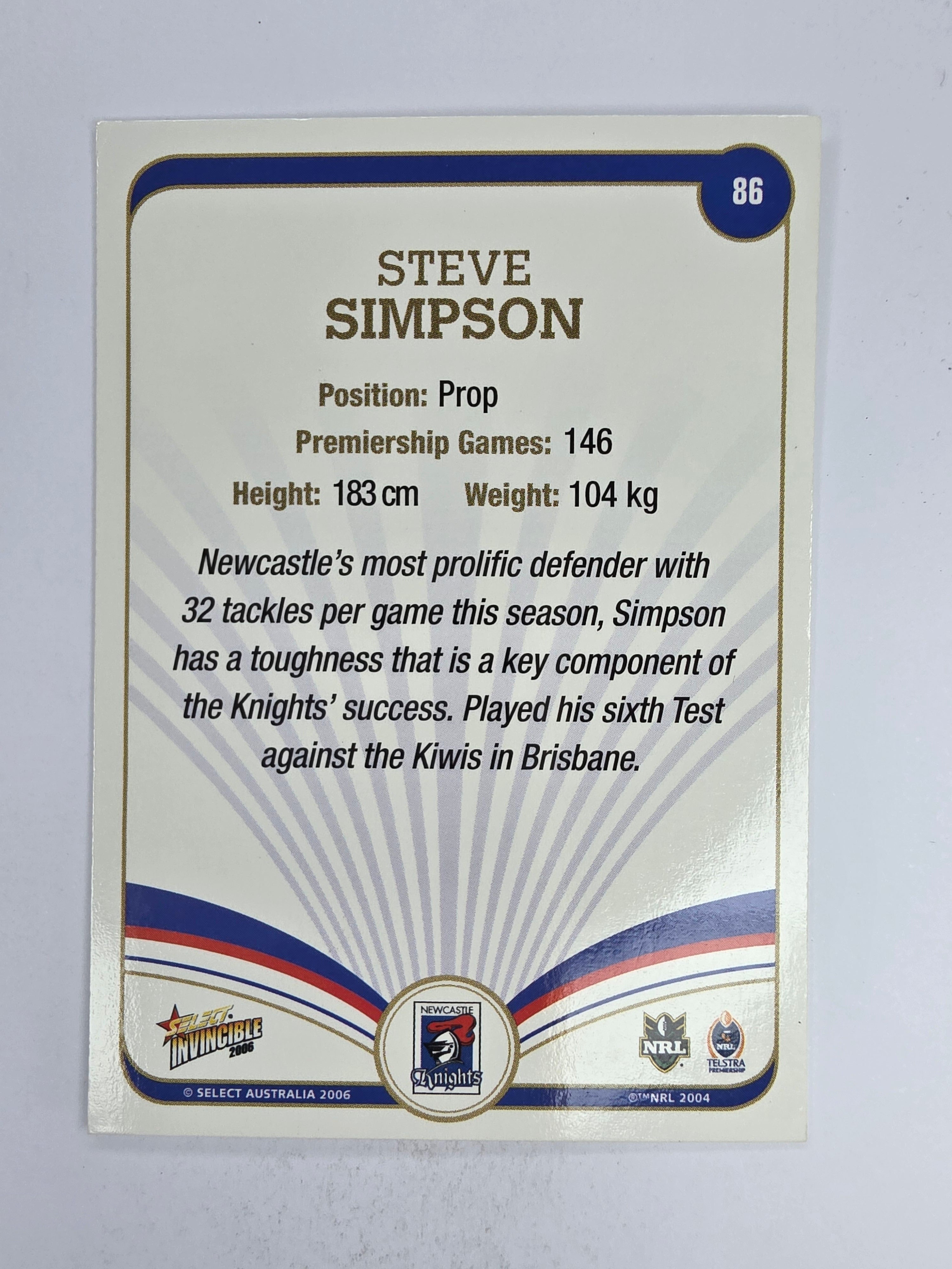 NRL 2006 Invincible Base Card #86 Steve Simpson Newcastle Knights