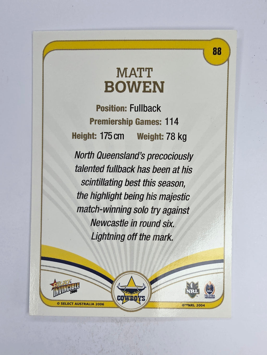NRL 2006 Invincible Base Card #88 Matt Bowen North Queensland Cowboys