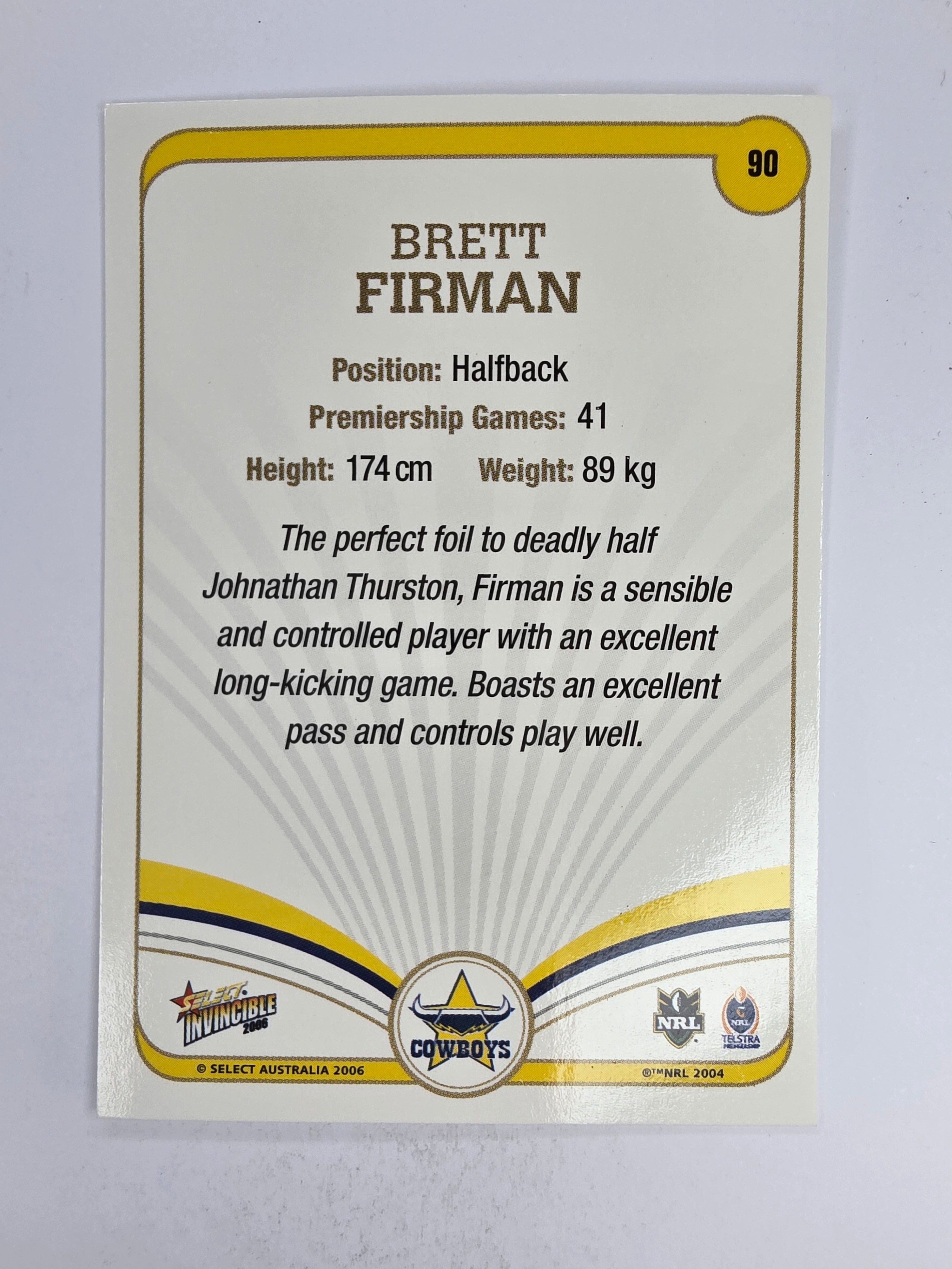 NRL 2006 Invincible Base Card #90 Brett Firman North Queensland Cowboys