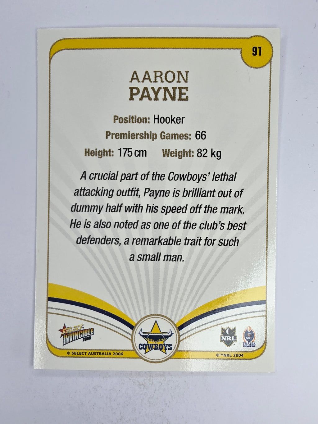 NRL 2006 Invincible Base Card #91 Aaron Payne North Queensland Cowboys