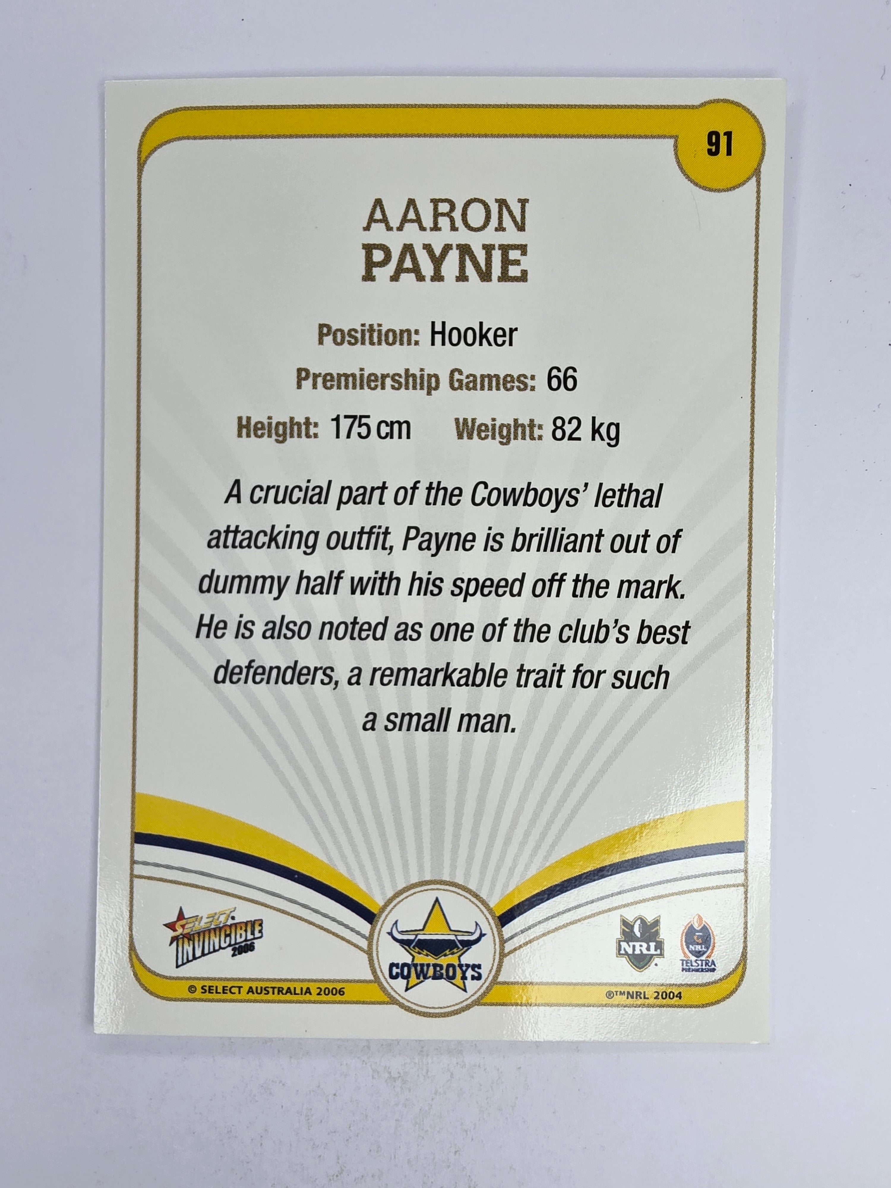 NRL 2006 Invincible Base Card #91 Aaron Payne North Queensland Cowboys